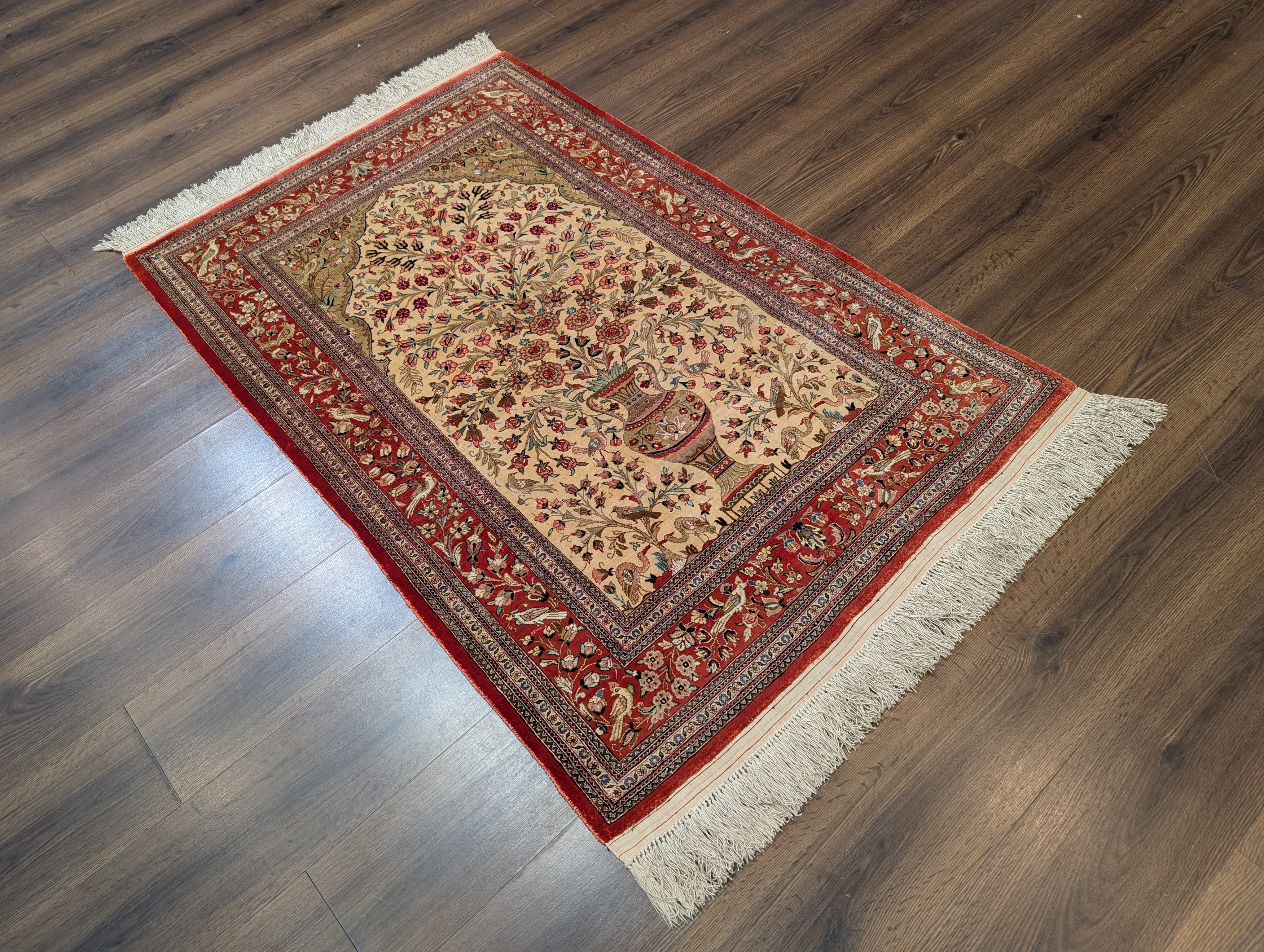 Silk Qum Persian Rug 3x5 – Tree of Life Design with Birds & Vase, 630 KPSI - Jewel Rugs