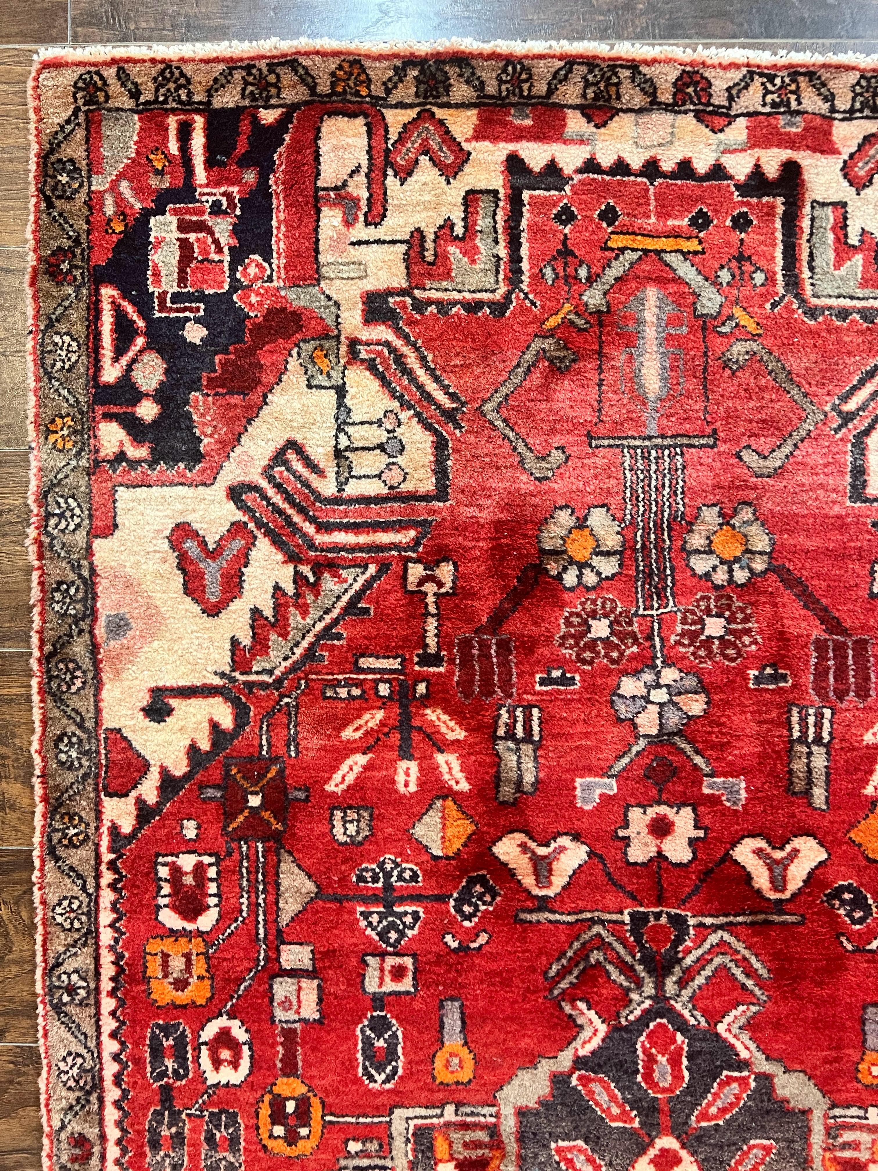 Antique Persian Tribal Rug 4 x 8, Geometric Medallion, Boho Rug, Wool Handmade Rug, Red 4x8 Rug, Persian Hamadan Rug - Jewel Rugs