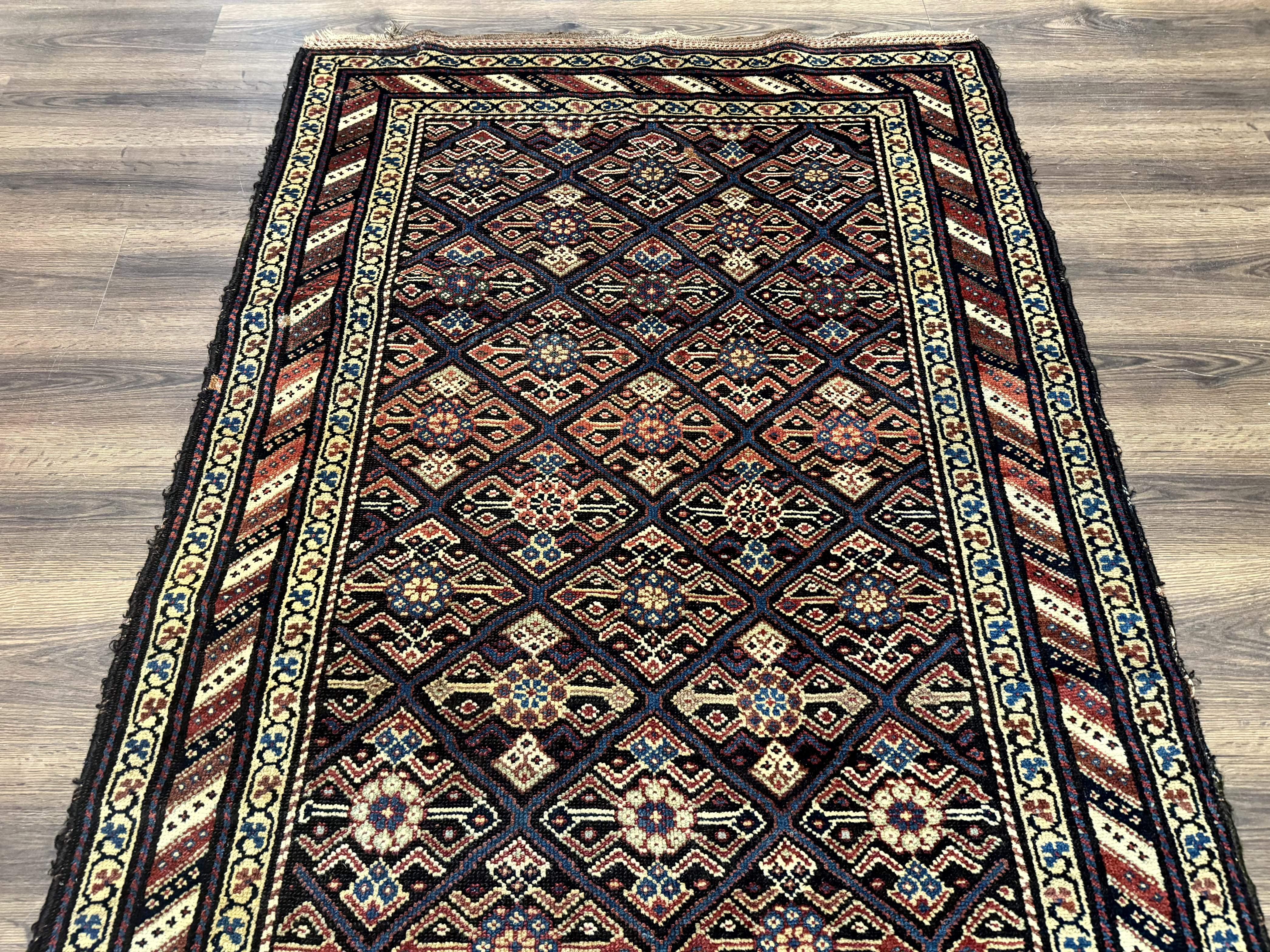 Antique Persian Wide Runner Rug 4x9, Kurdish Rug, Panel Design, Rainbow Border, Rare Tribal Rug - Jewel Rugs