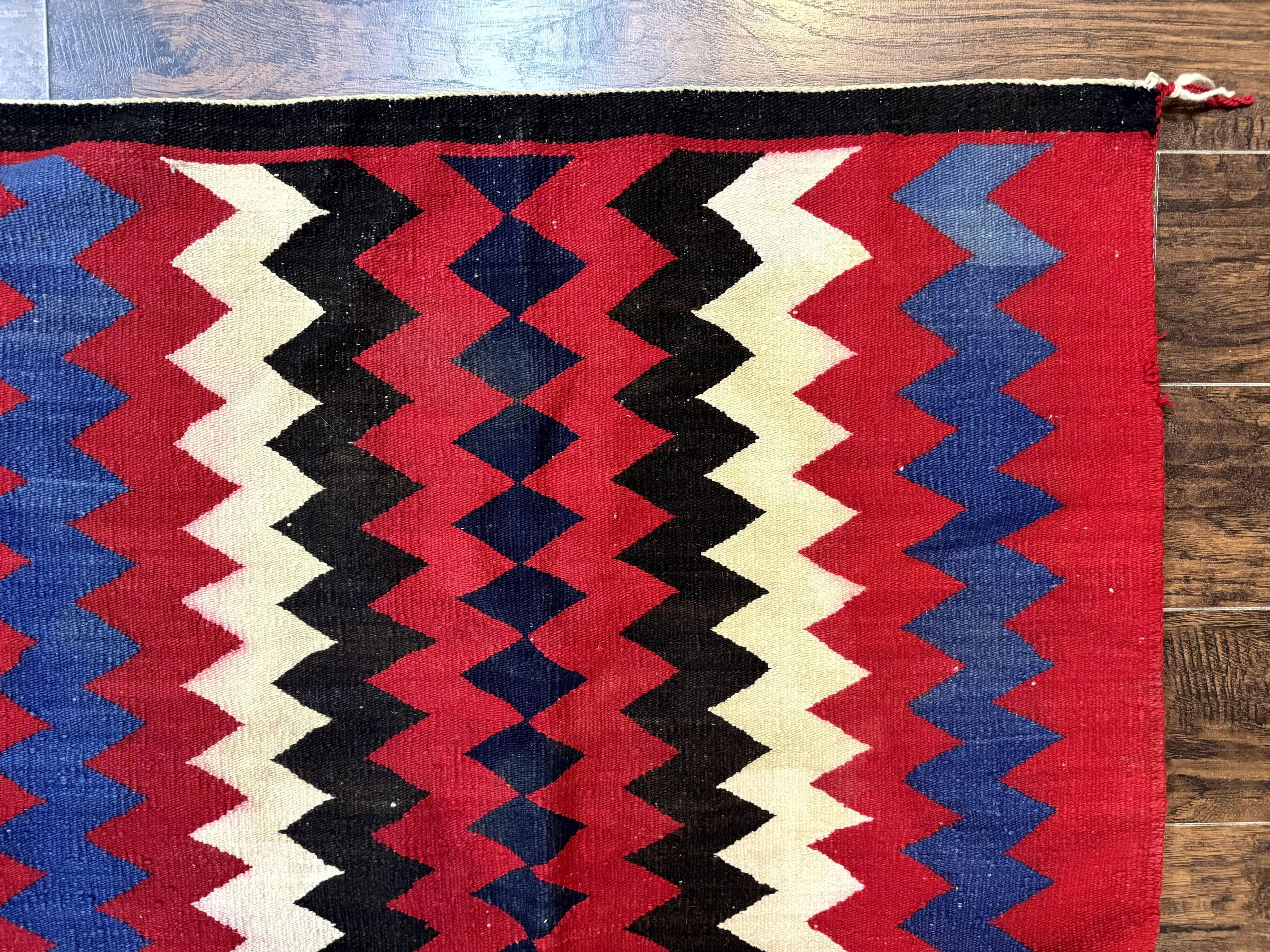 Antique Navajo Rug 3.7 x 2.8, Red Ivory Blue, Zig Zag Pattern, Handmade, Wool - Jewel Rugs