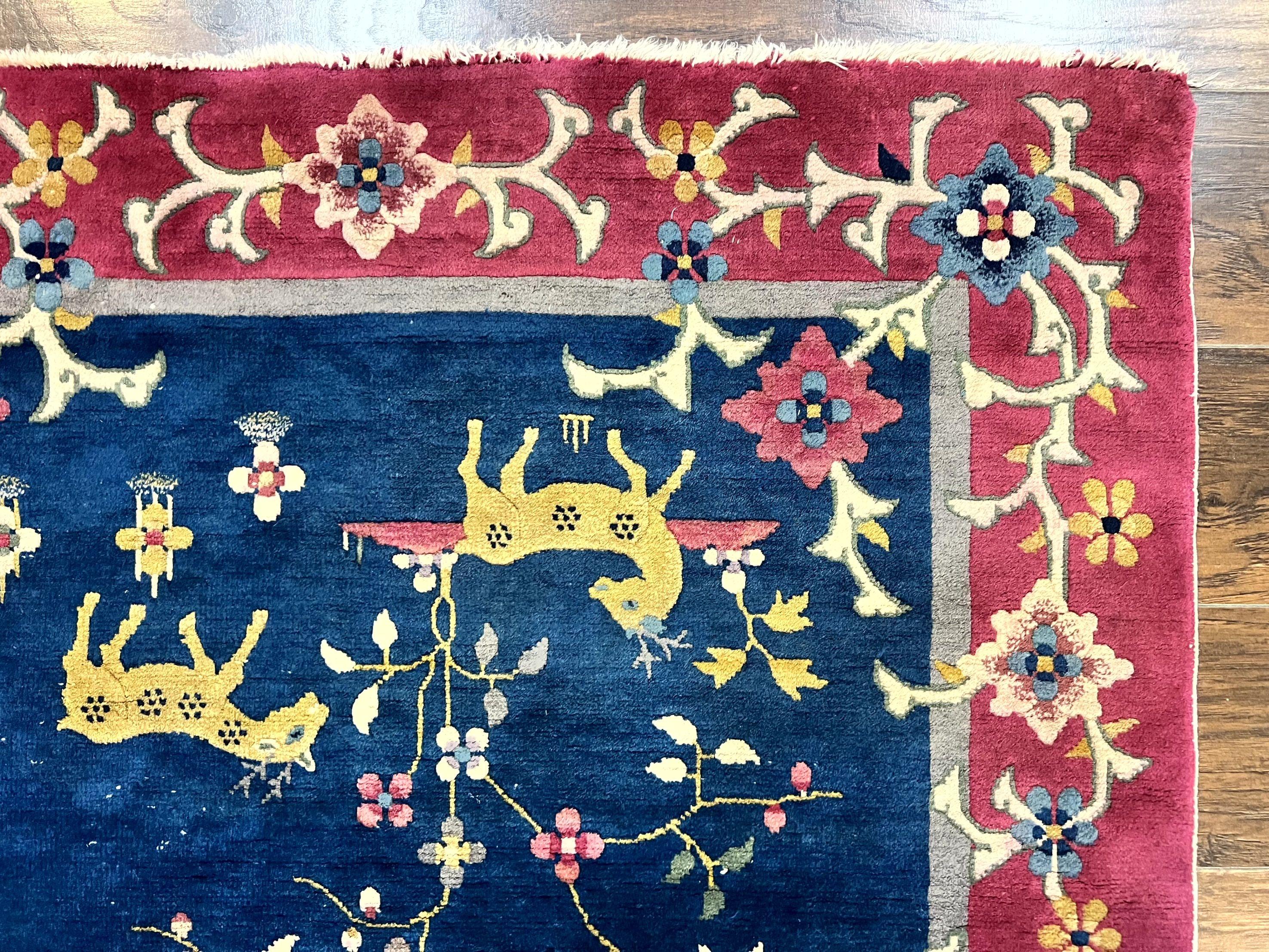 Antique Chinese Art Deco Rug, Animal Pictorials, Navy Blue and Magenta, Chinese Nichols Carpet, Wool - Jewel Rugs