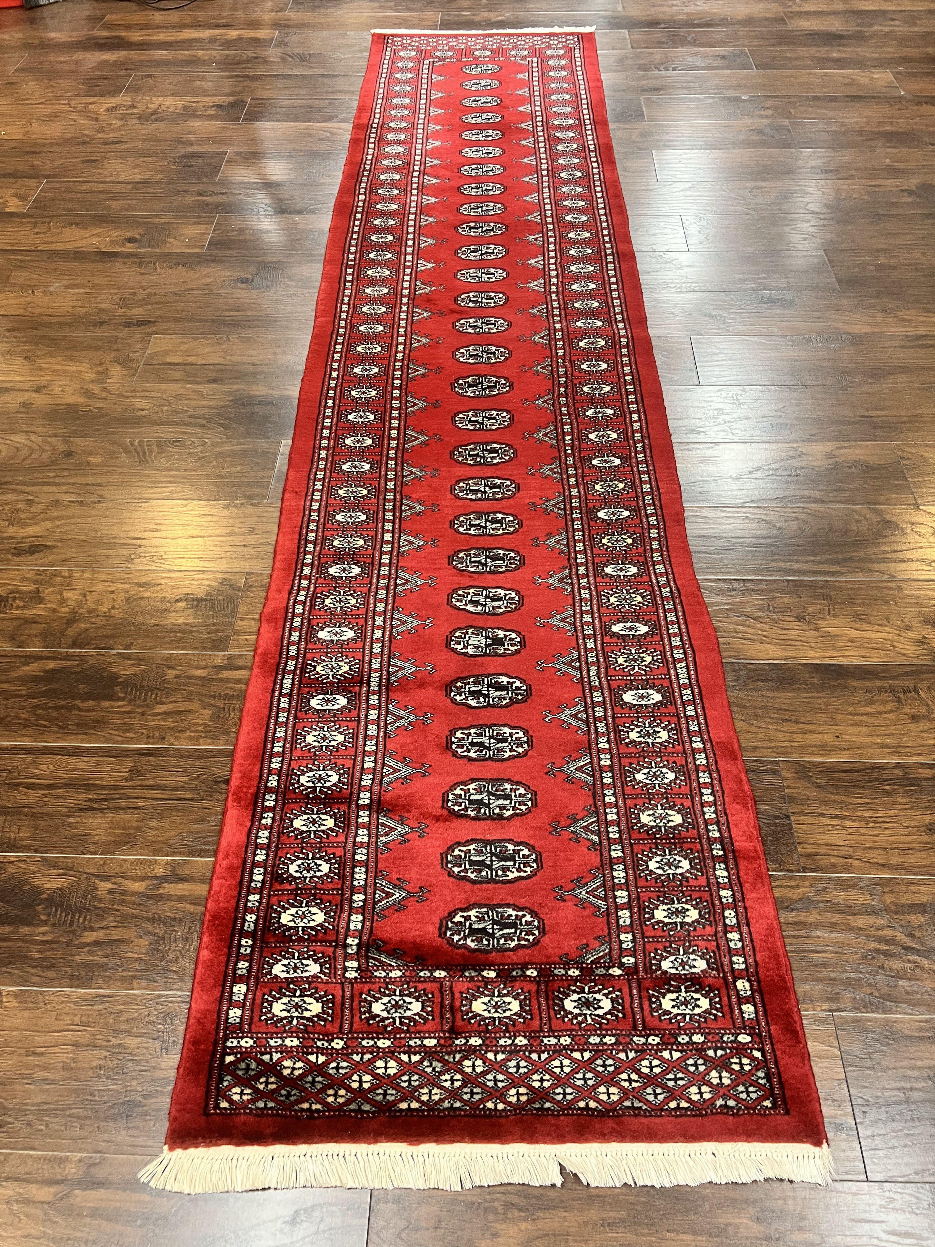 Pakistani Runner Rug 2.8 x 12, Bokhara Turkoman Runner, Wool Hand Knotted Vintage Hallway Rug, Red Ivory & Black - Jewel Rugs