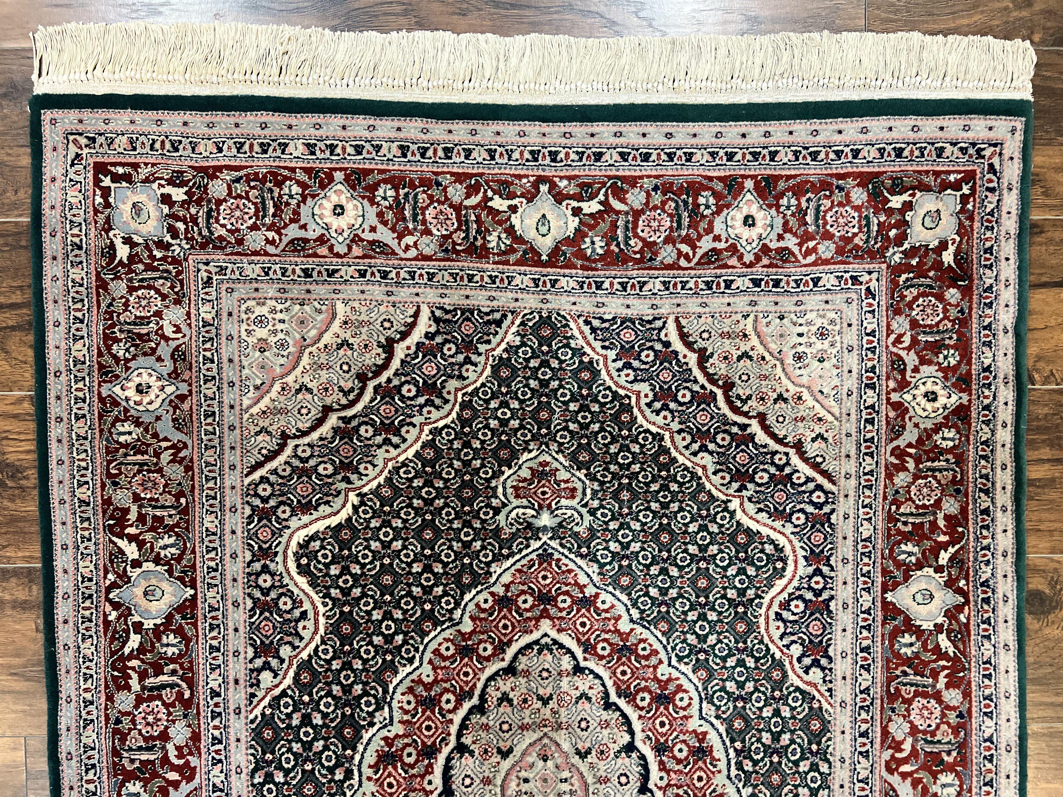 Sino Persian Rug 4x6, Wool with Silk Highlights, Fine Hand Knotted Carpet, Green & Maroon Red, Herati Medallion, Vintage Rug - Jewel Rugs