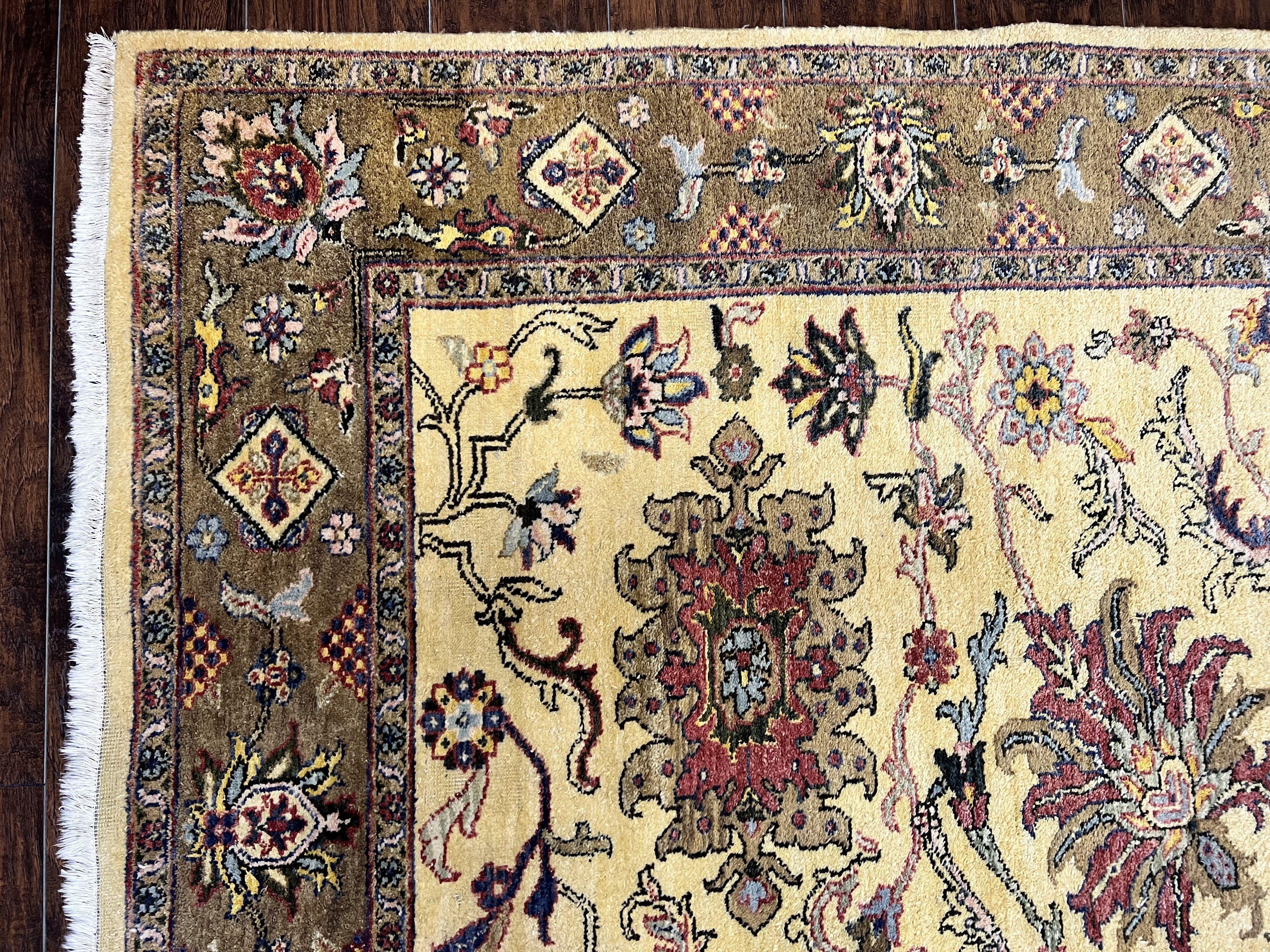 Indo Mahal Rug 7 x 9.5, Hand Knotted Wool Oriental Carpet, Indian Area Rug, Handmade Vintage Light Yellow/Gold Area Rug, Floral Design Rug - Jewel Rugs