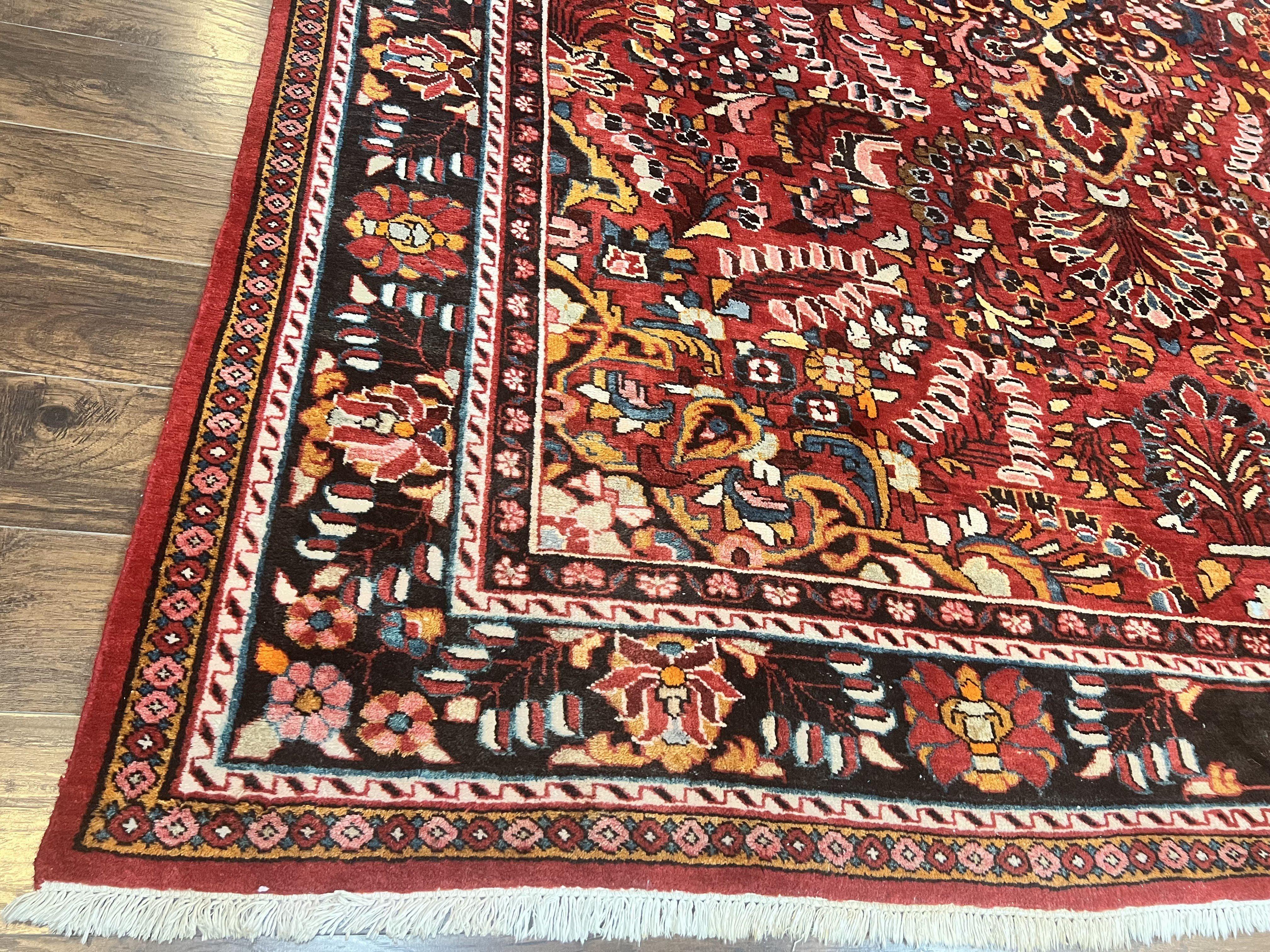 Antique Persian Lilian Rug 9x13, Wool Hand Knotted Red Persian Hamadan Carpet, Floral Medallion, Room Sized Authentic Oriental Rug - Jewel Rugs