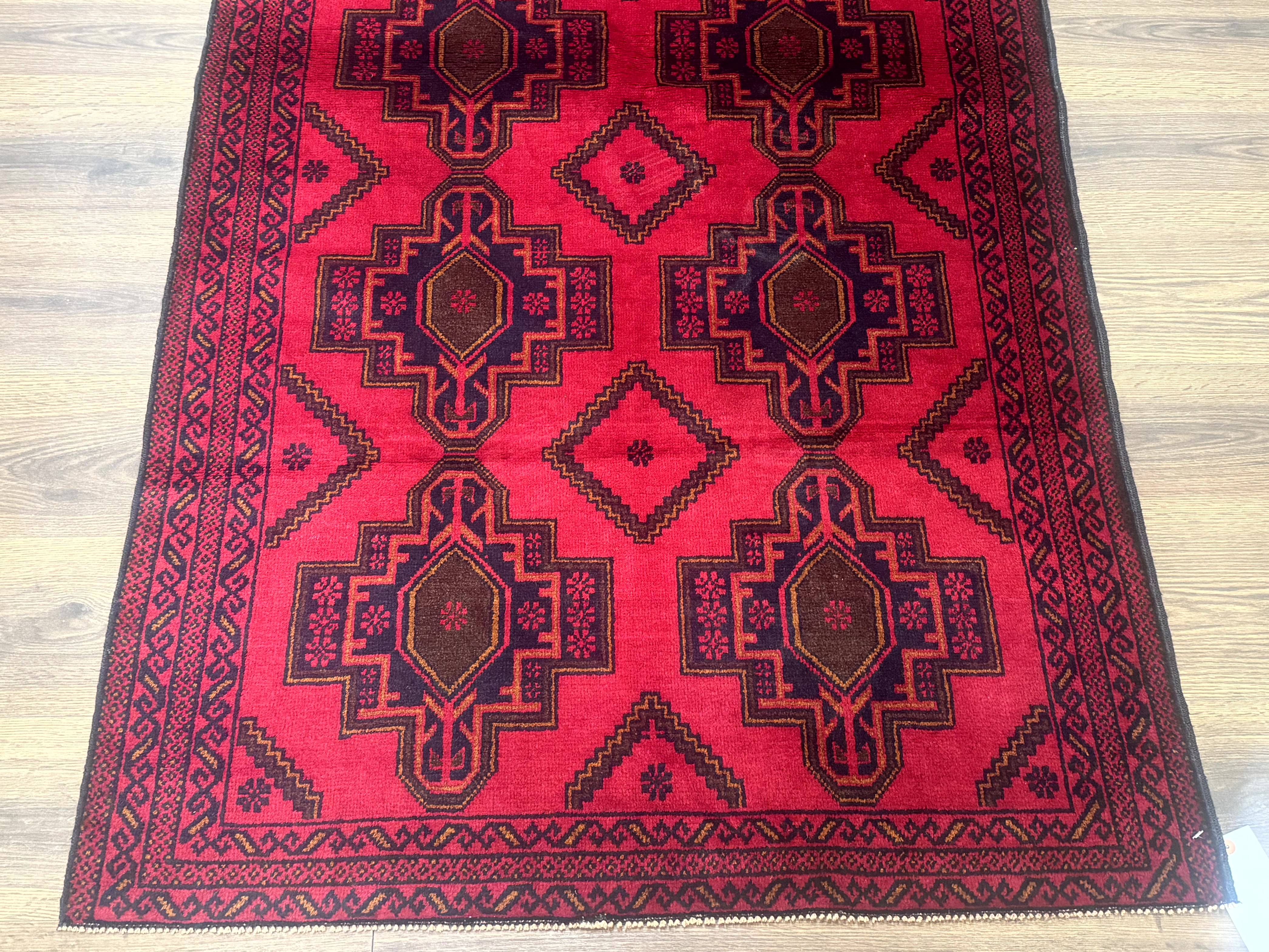 Afghan Rug 4x7, Tribal Carpet, Balouch Rug, Red and Navy Blue, Repeated Medallions, New - Jewel Rugs
