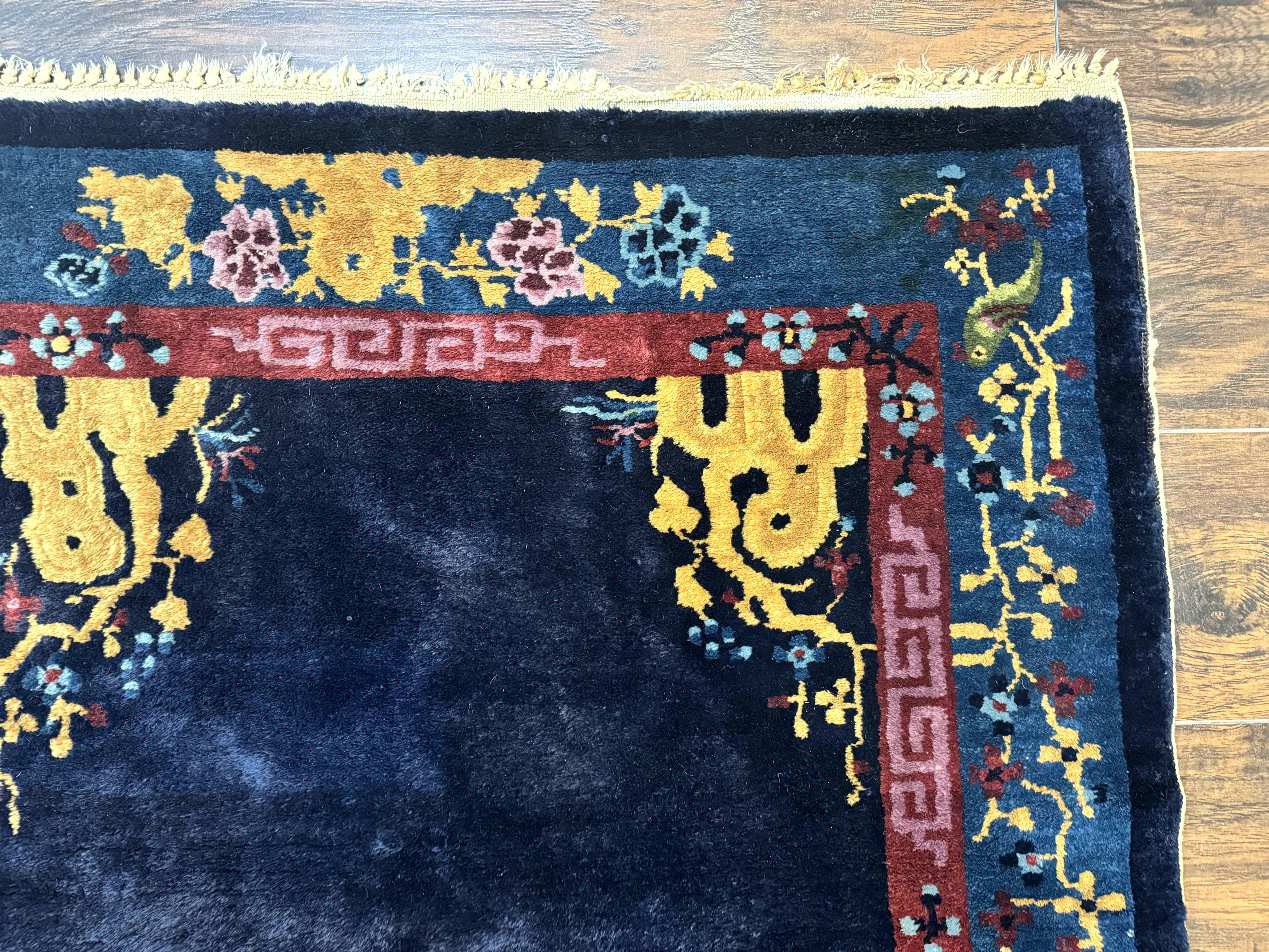 Antique Chinese Peking Rug 3x6, Dark Blue, Bird Motif, Handmade Wool Art Deco Asian Oriental Carpet, Pair B - Jewel Rugs