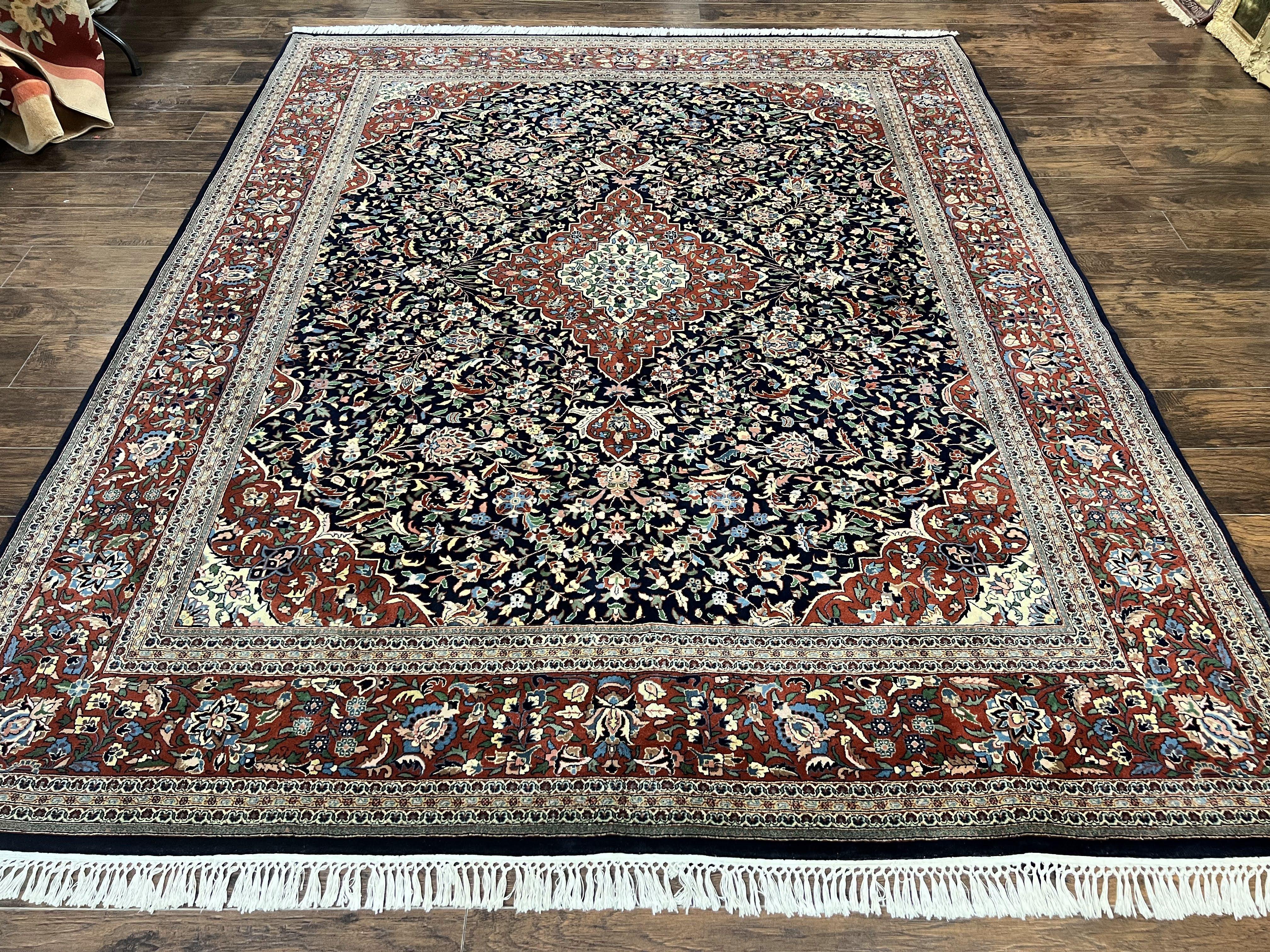 Indo Persian Rug 8x10, Floral Medallion, Vintage Handmade Wool Carpet, Navy Blue and Red, Fine 300 KPSI - Jewel Rugs