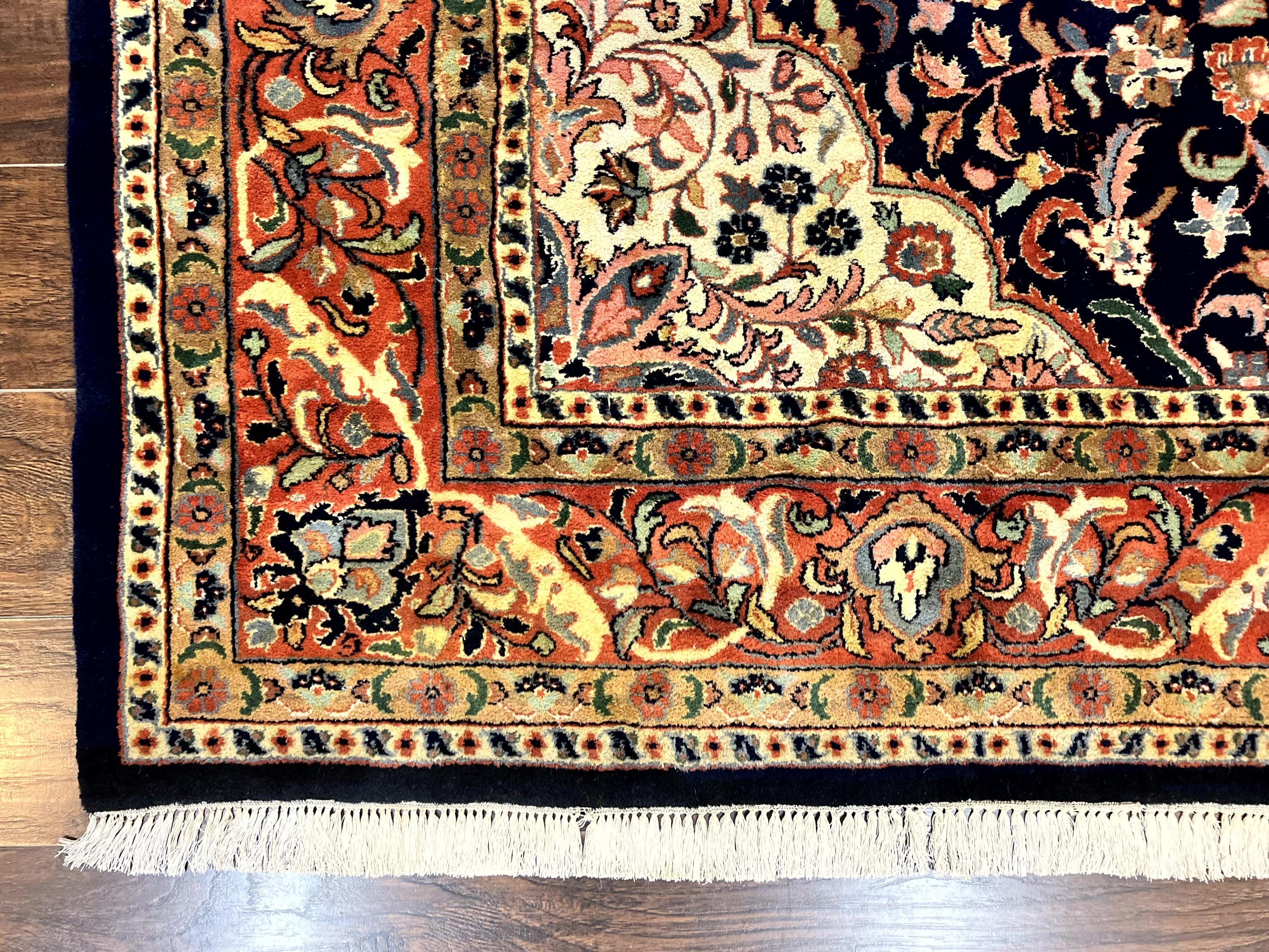 Indo Persian Rug 8x10, Midnight Blue & Red, Handmade Vintage Wool Carpet, Floral Medallion - Jewel Rugs