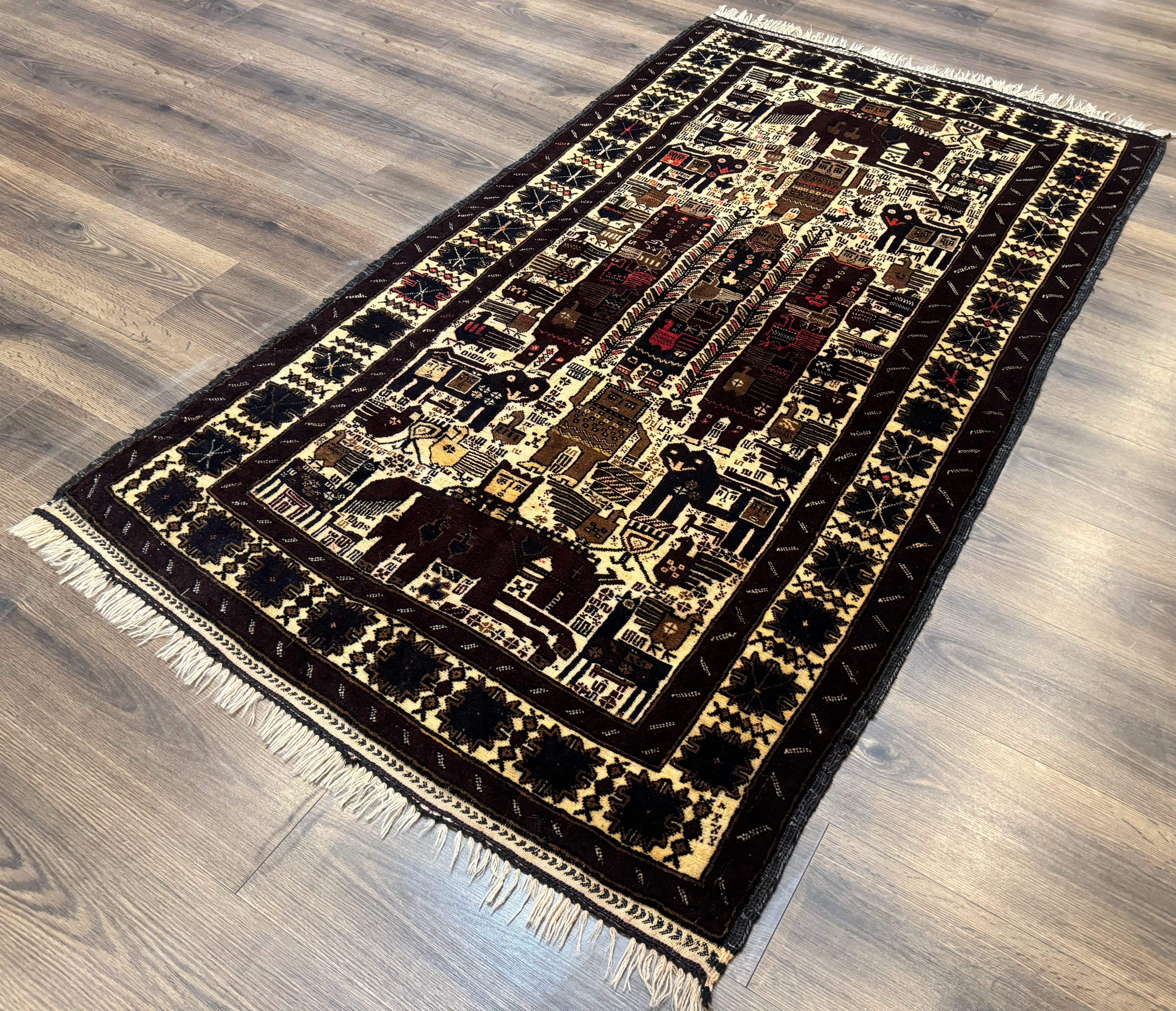 Persian Baluch Tribal Rug 4x6, Human and Bird Pictorials, Vintage, Wool, Collectible - Jewel Rugs