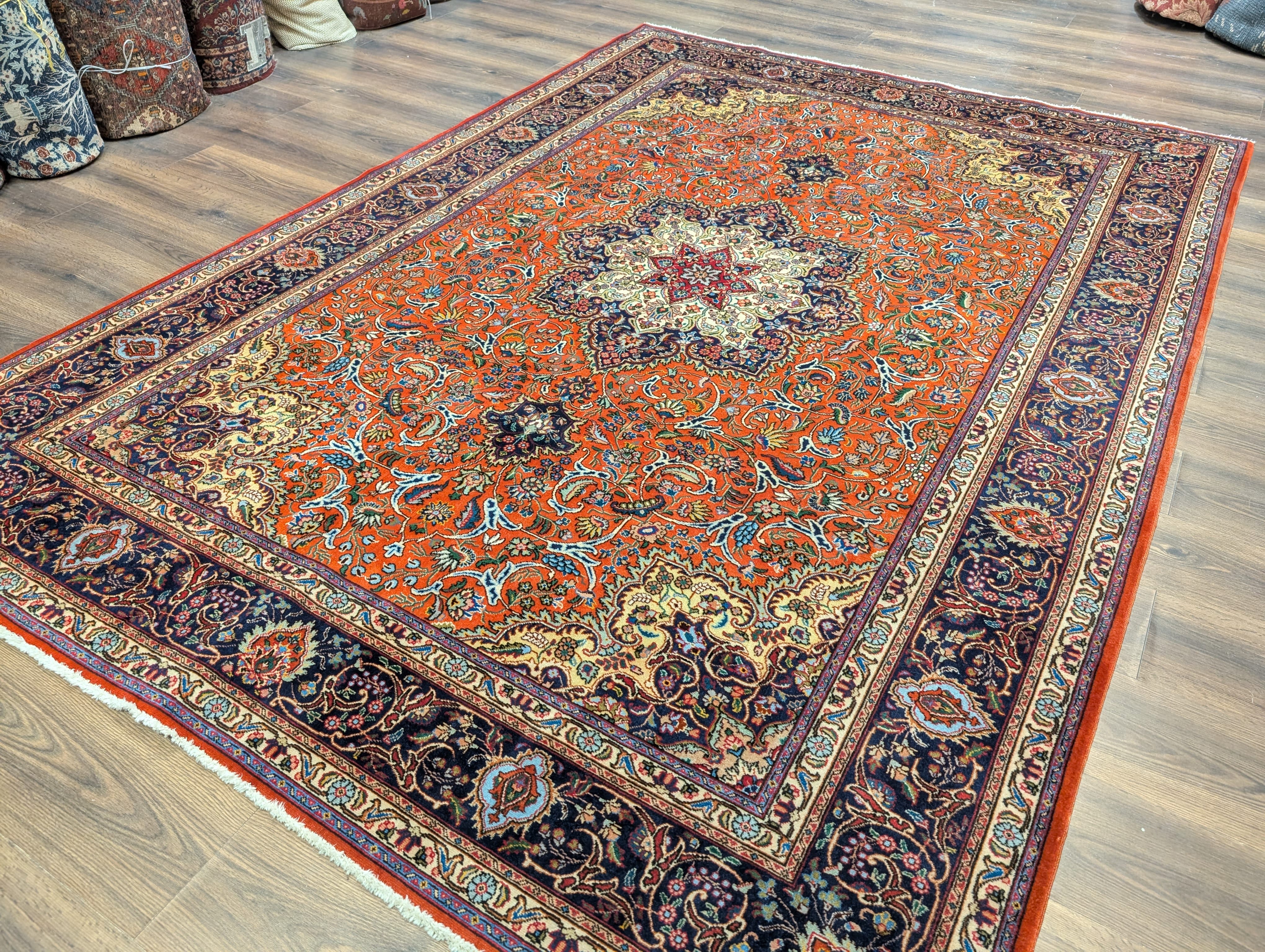 Persian Tabriz Rug 7x10, Hand-Knotted Wool Carpet, Burnt Orange & Navy Blue - Jewel Rugs