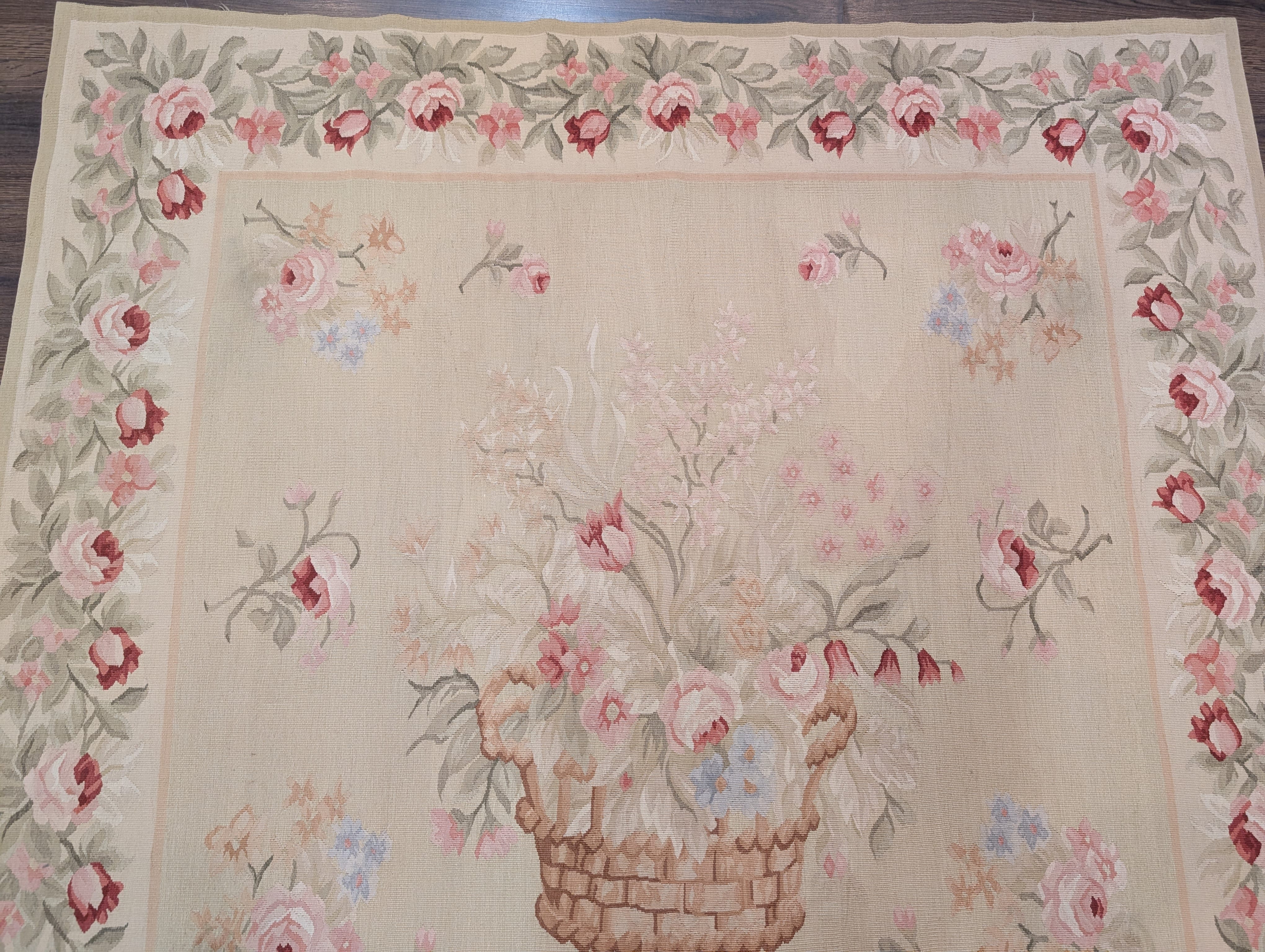 Square Aubusson Rug 4.8 x 5, French Vintage Floral European Wool Carpet - Jewel Rugs