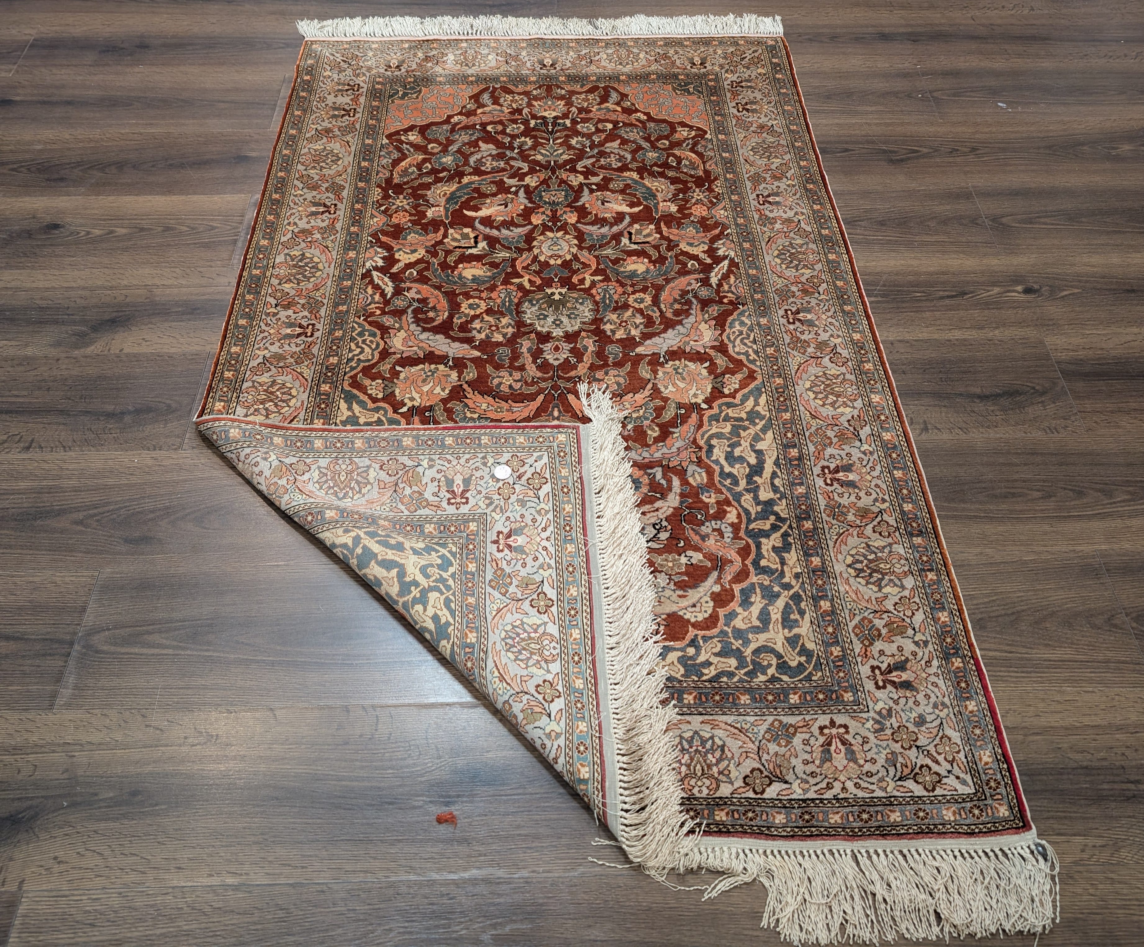 Silk Turkish Hereke Rug 3x5, Fine Hand-Knotted Silk Carpet, Rust Red & Green - Jewel Rugs