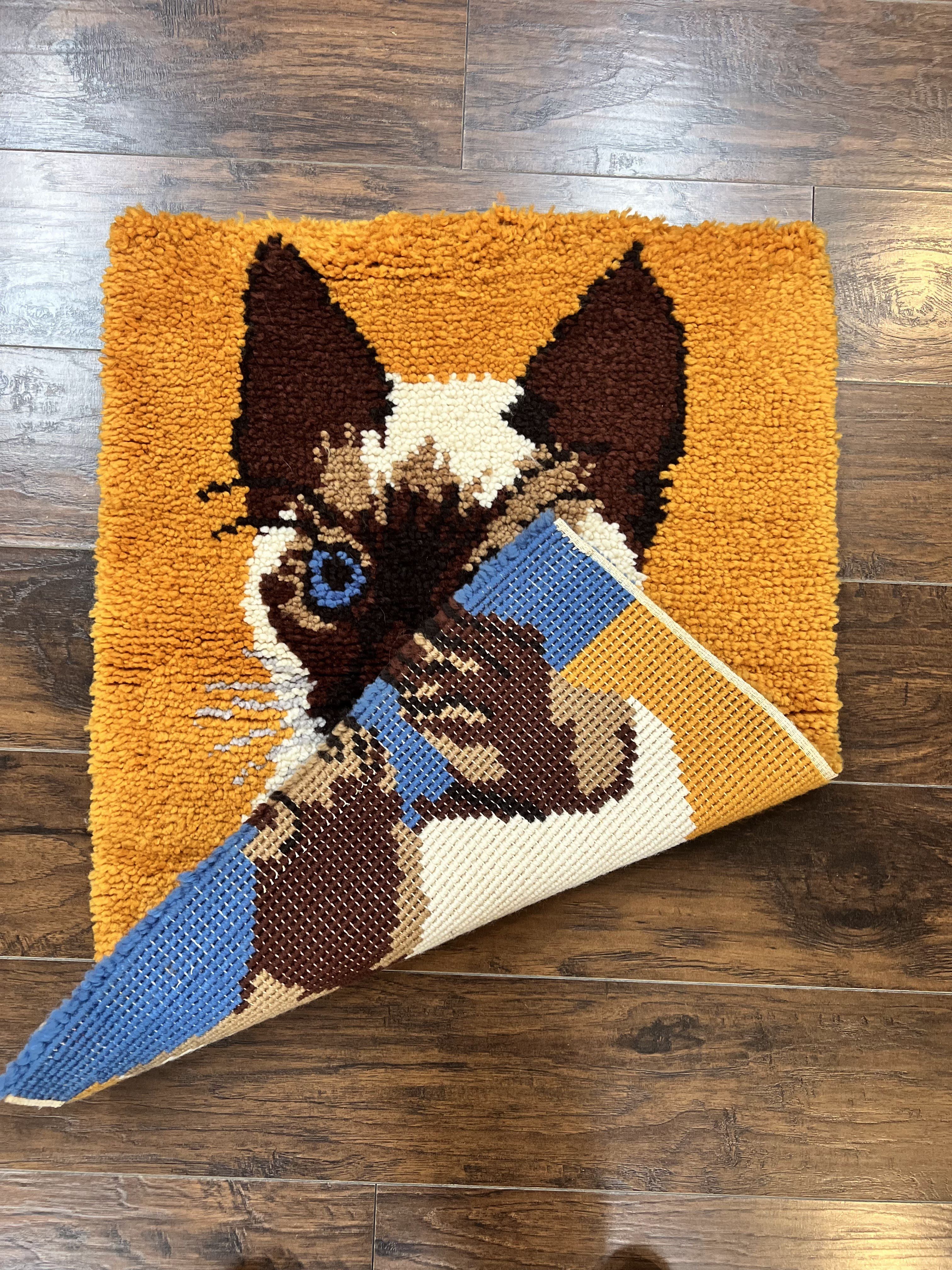 Small Shag Rug with Siamese Cat Pictorial, 2x3 ft Rug, Wool, Vintage, Danish Rya Shag Rug, Orange - Jewel Rugs