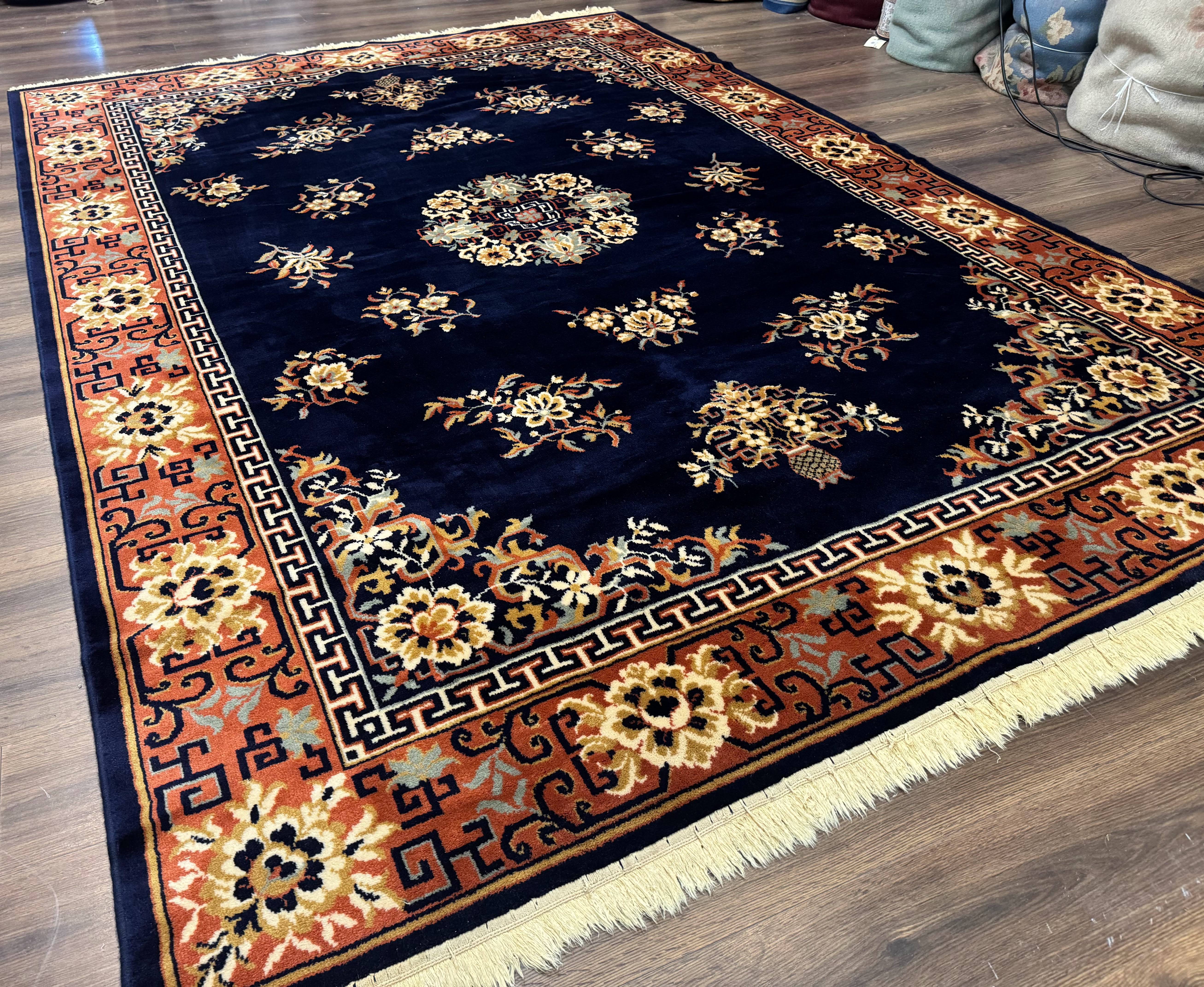 Chinese Wool Rug 8x11, Navy Blue and Terracotta, Floral, Couristan Belgium Power Loomed Carpet - Jewel Rugs