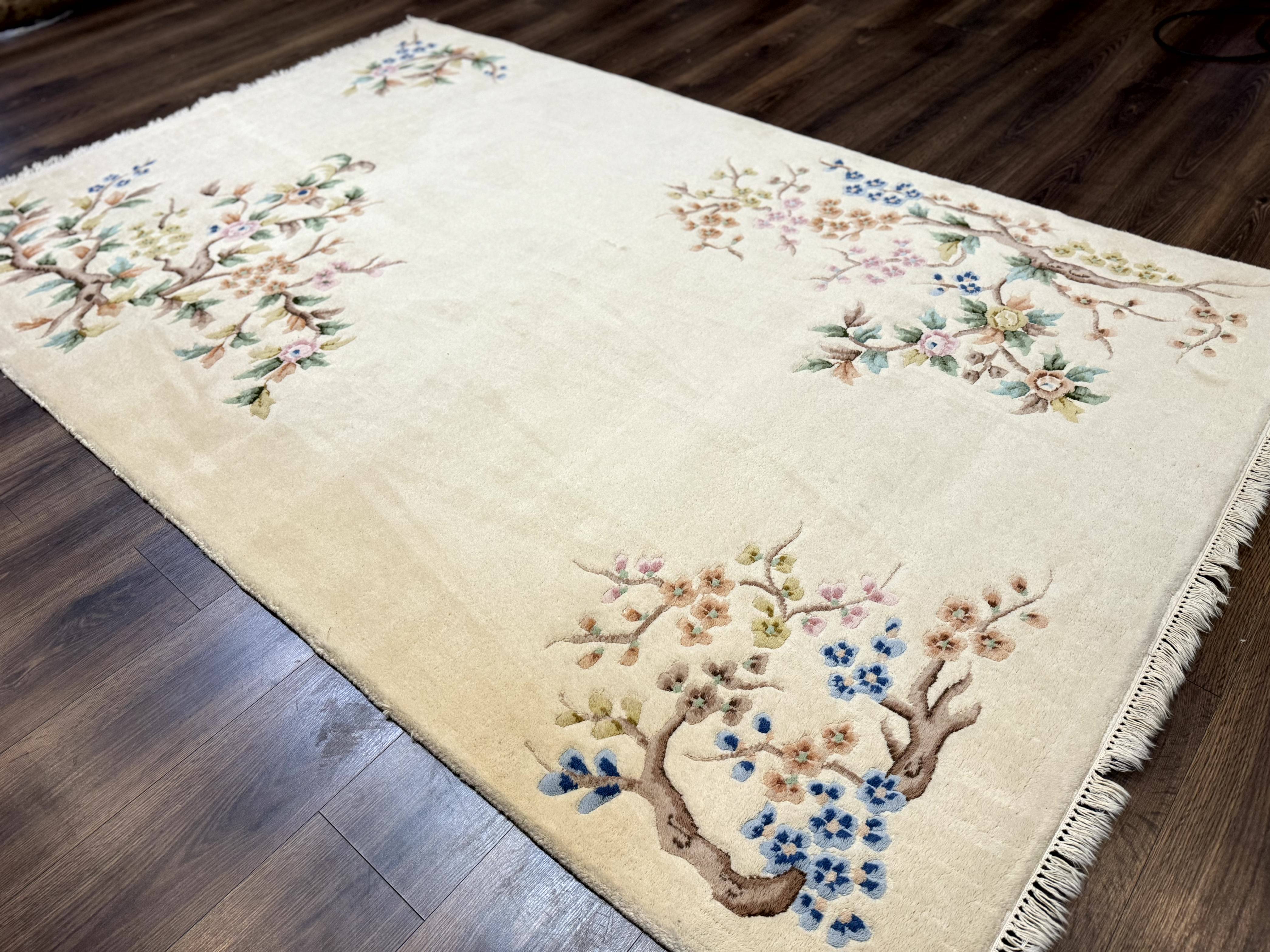 Indo Chinese Wool Rug 5x9, Simple Design, Floral, Ivory, Vintage - Jewel Rugs