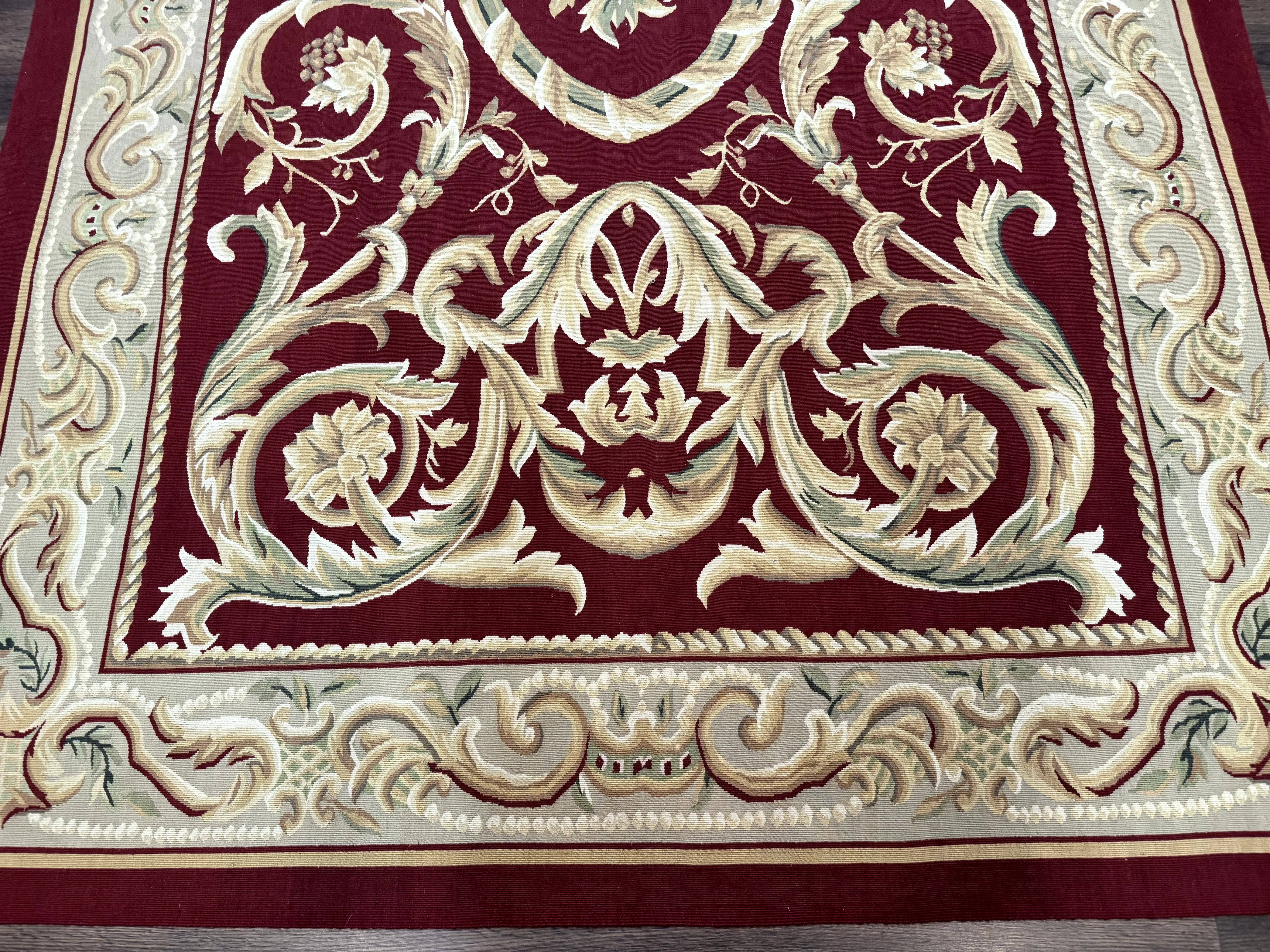Burgundy Aubusson Rug 6x9, Vintage Wool Carpet - Jewel Rugs