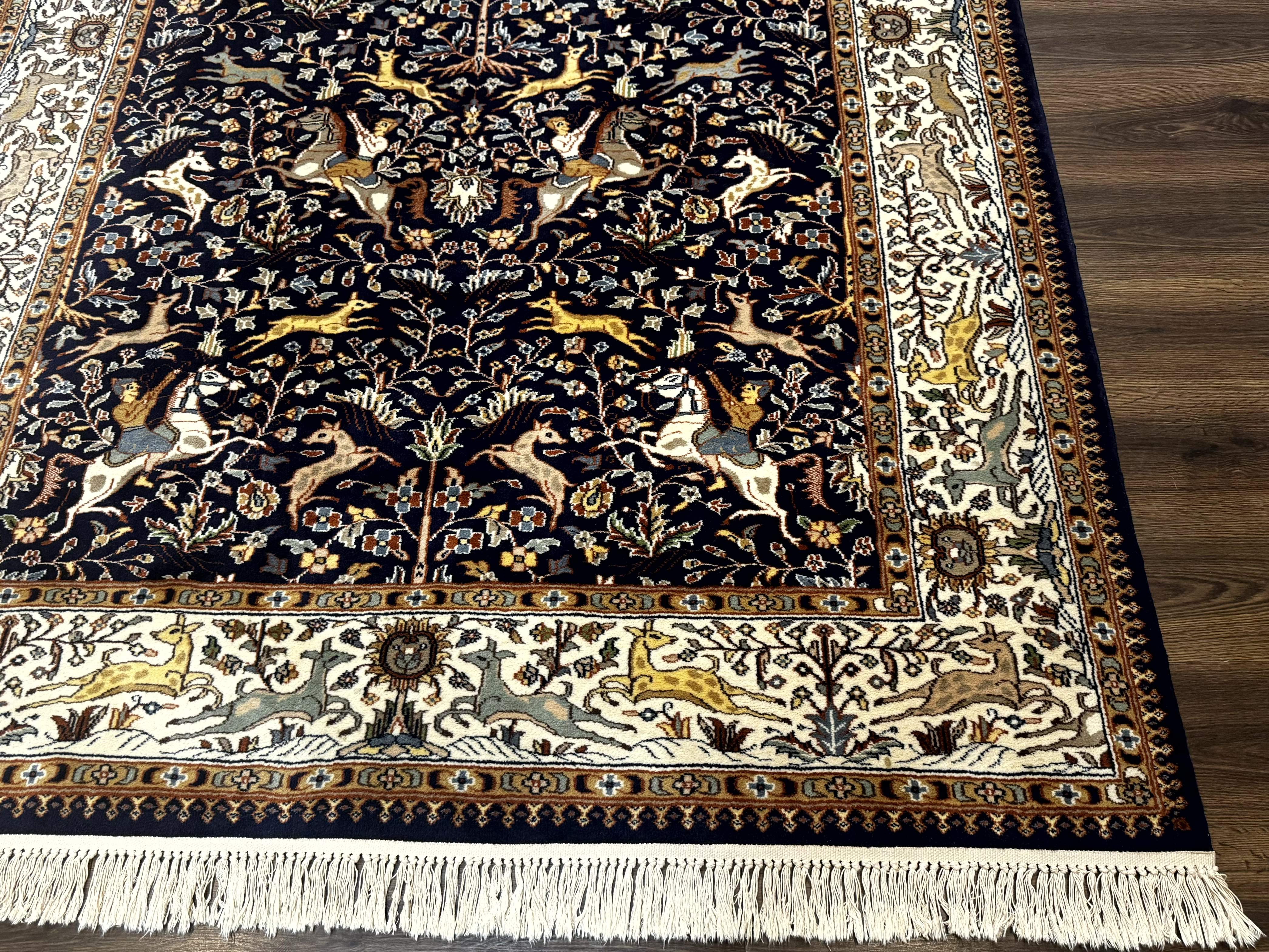 Indian Kashmiri Rug 6x9, Navy Blue and Ivory, Tree of Life, Hunting Design, Animal Pictorials, Horse Deer - Jewel Rugs