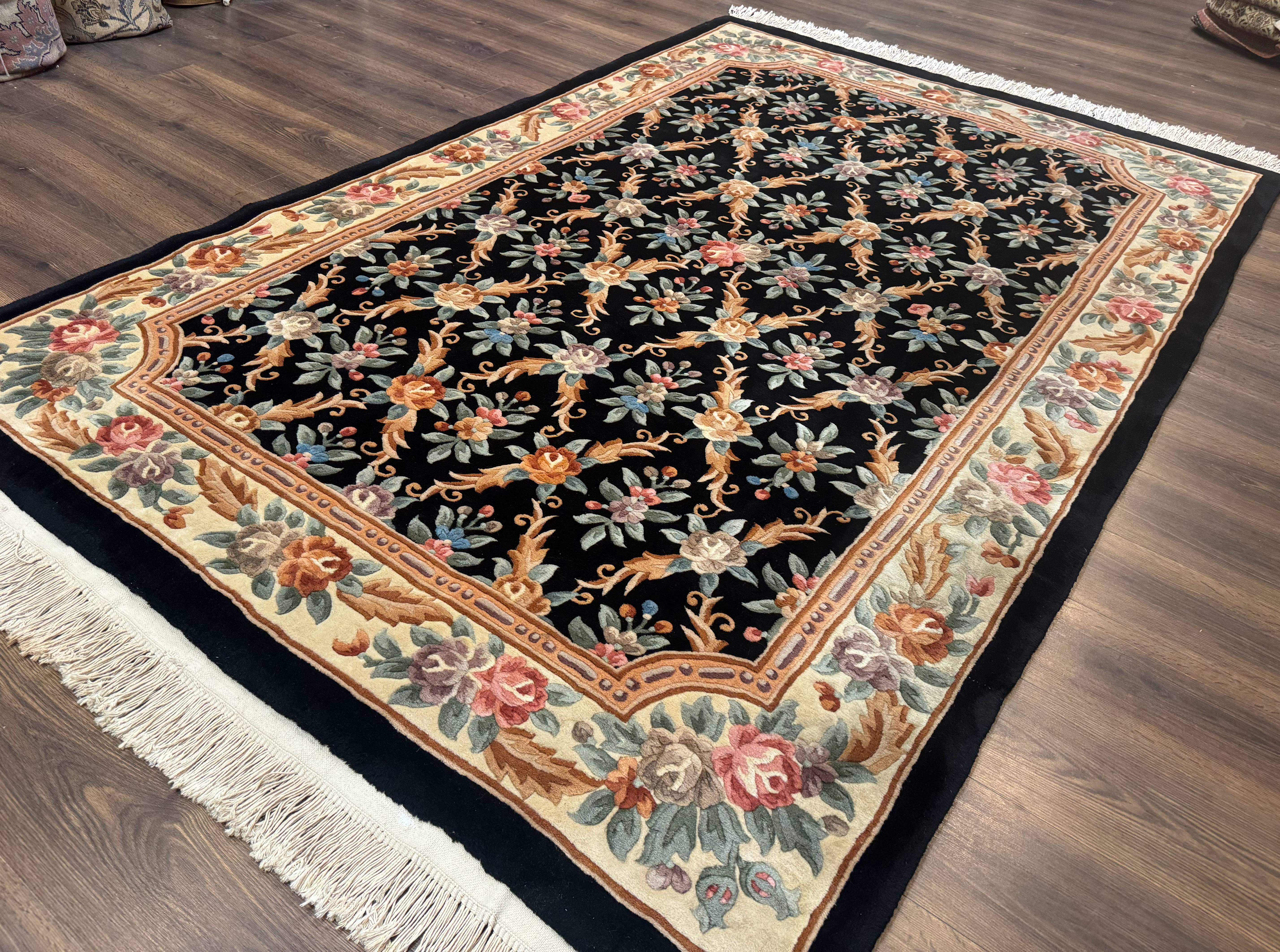 Chinese Wool Rug 6x9, Floral Aubusson Carpet, Black and Cream, 90 Line Rug - Jewel Rugs
