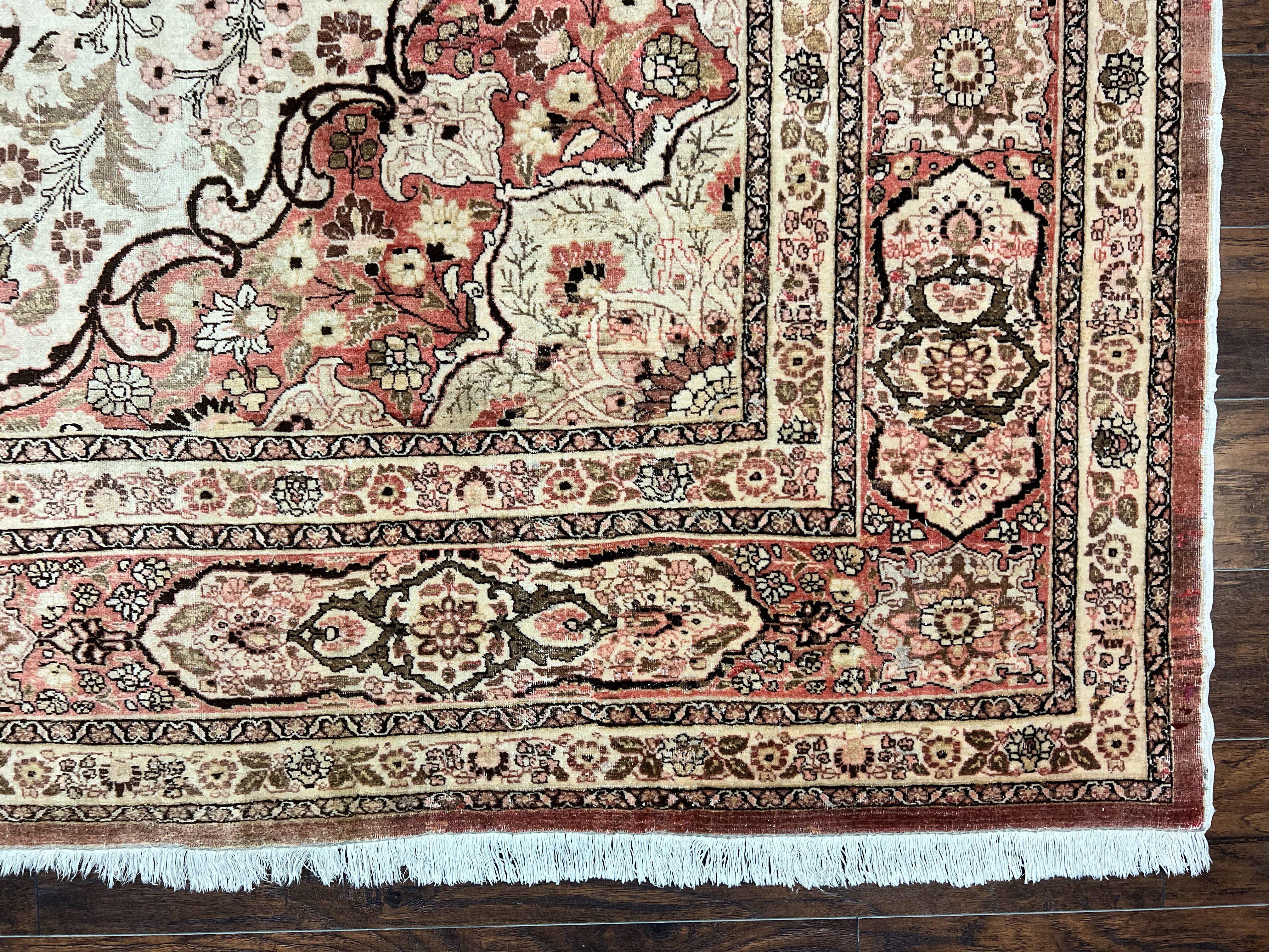 Antique Persian Tabriz Rug 10x12, Wool Hand Knotted Oriental Carpet, Beige Light Red, Floral Medallion - Jewel Rugs