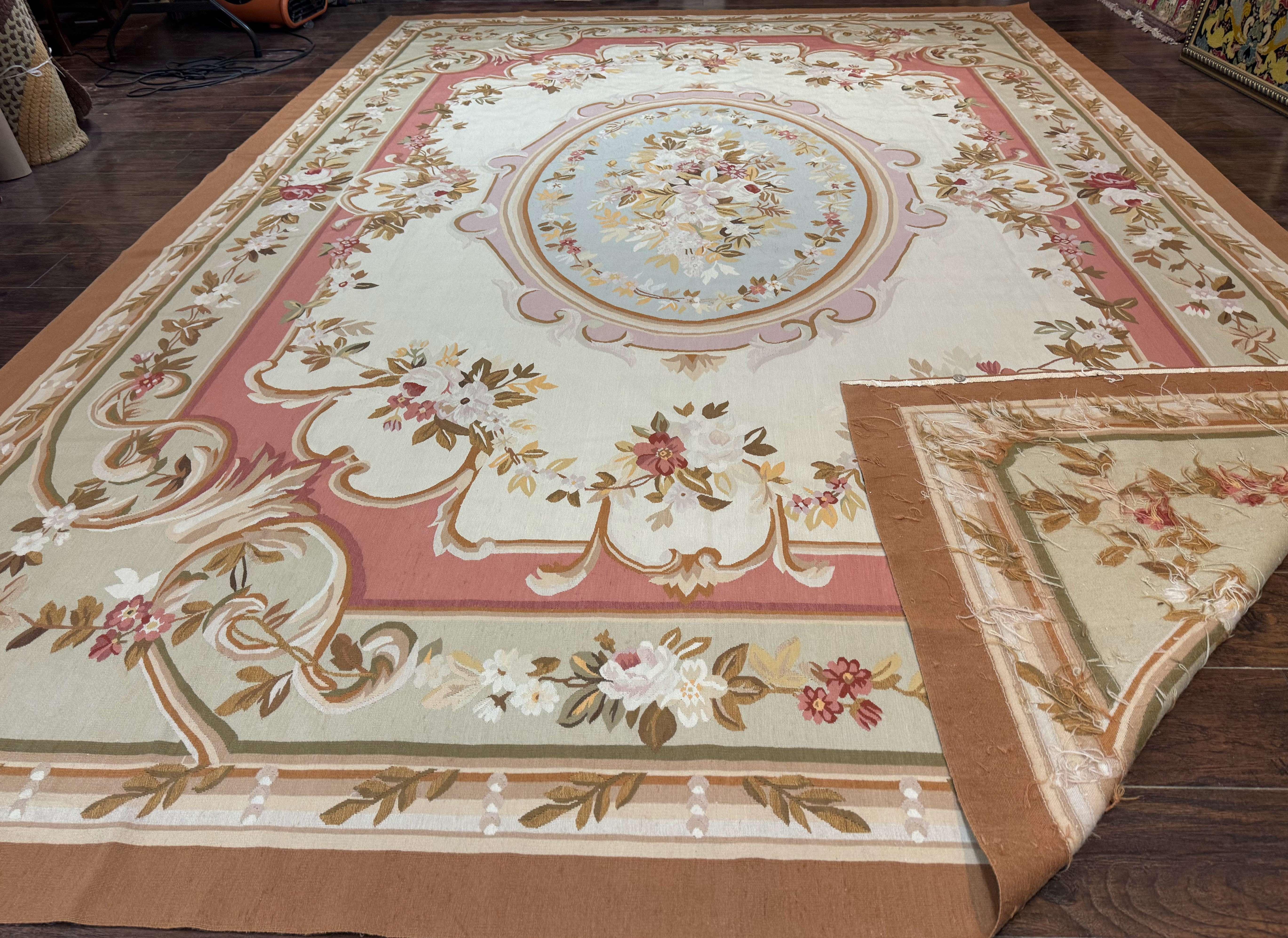 French Aubusson Rug 10x14, Vintage Flatweave European Handmade Carpet, Ivory LIght Blue Pink, Large Aubusson Rug - Jewel Rugs
