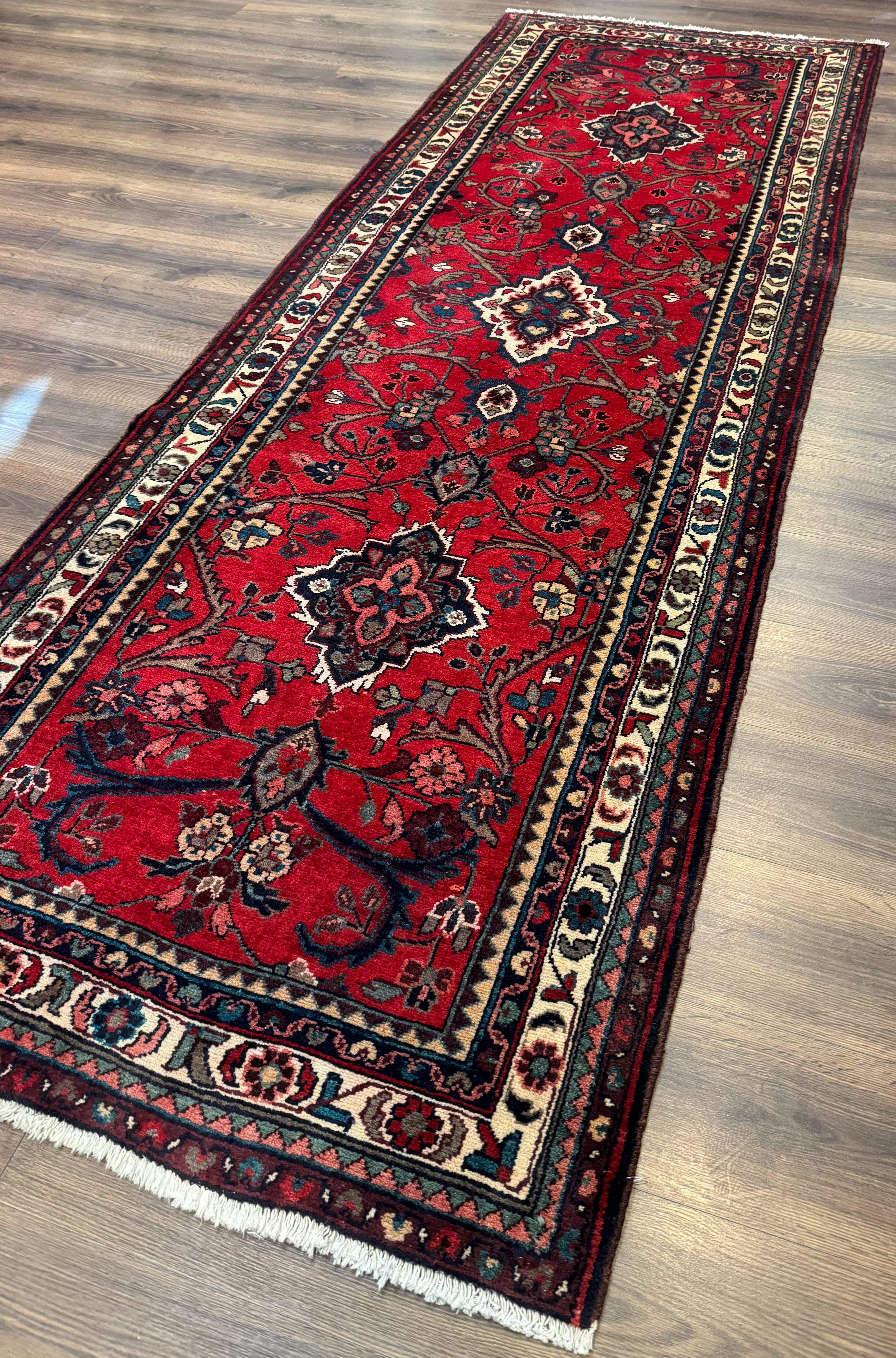 Persian Runner Rug 3.8 x 10, Red, Medallions, Hand Knotted Rug for Hallway, Hamadan Malayer - Jewel Rugs