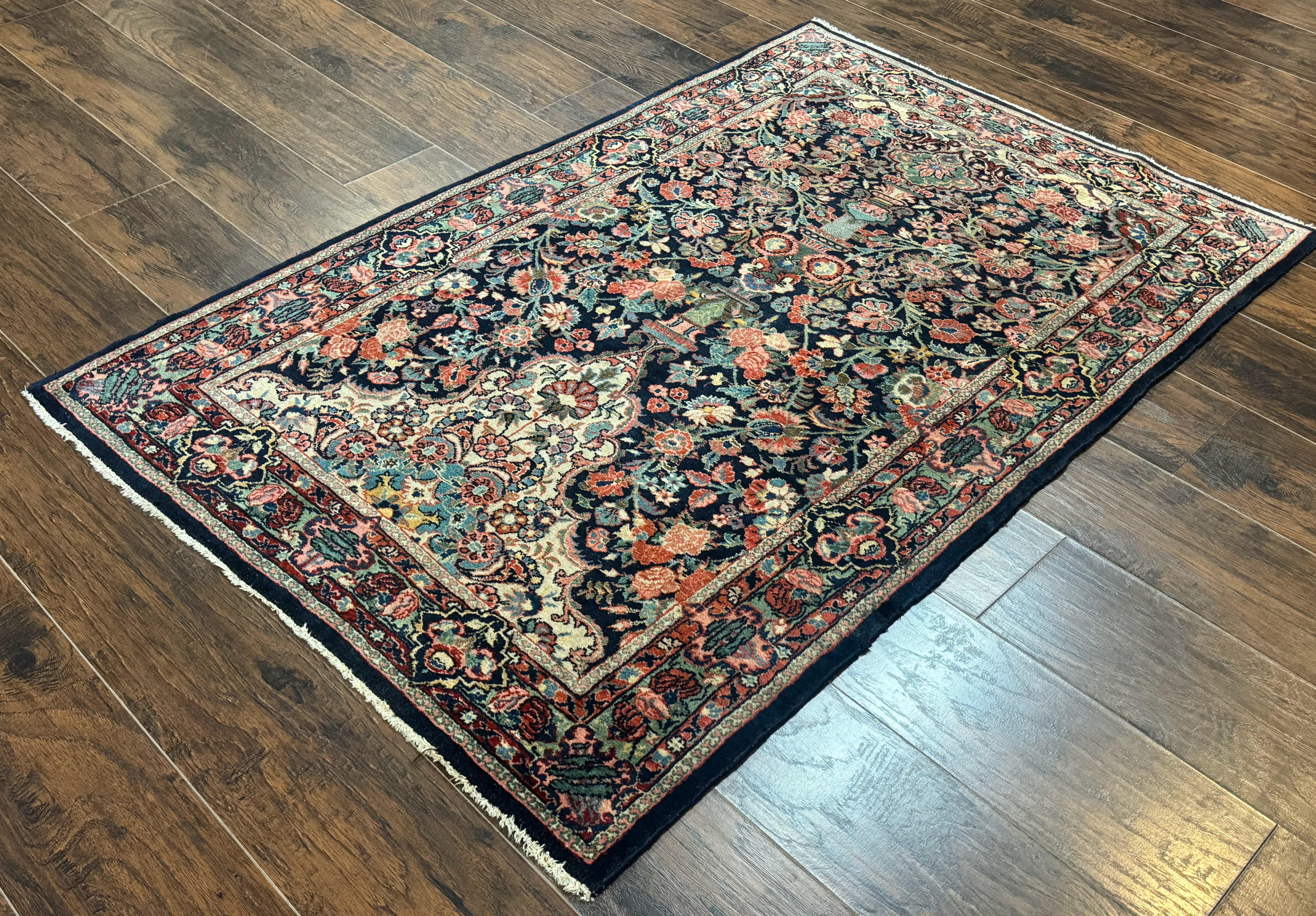 Antique Persian Rug 4x5, Navy Blue 1920s Carpet, Wool, Rare, Fine, Persian Hamadan Bidjar Carpet - Jewel Rugs