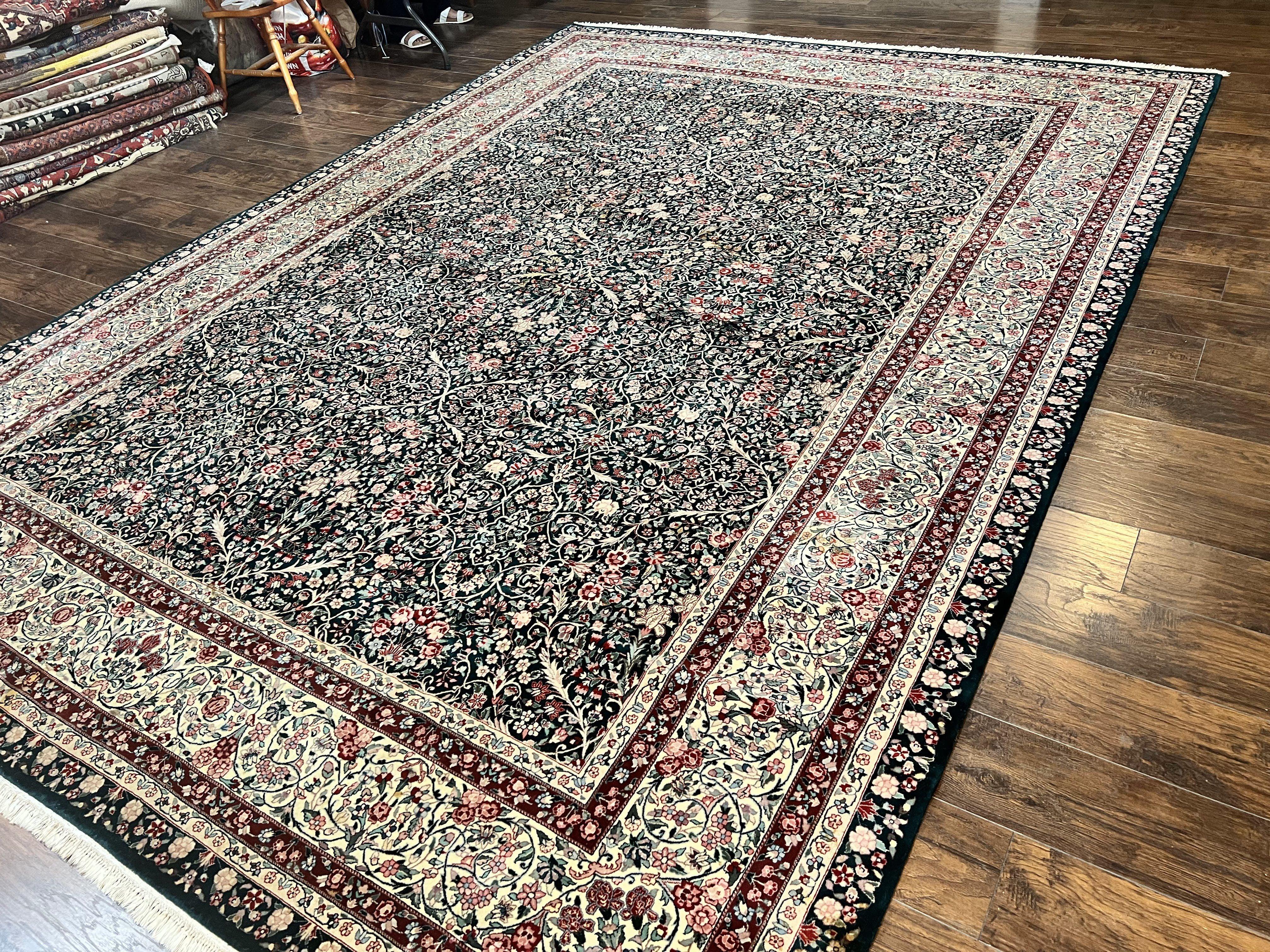 Large Sino Persian Rug 10x14, Wool Hand Knotted Vintage Carpet, Dark Green & Beige, Kirman Floral Rug, Fine Weave, Traditional, Large - Jewel Rugs