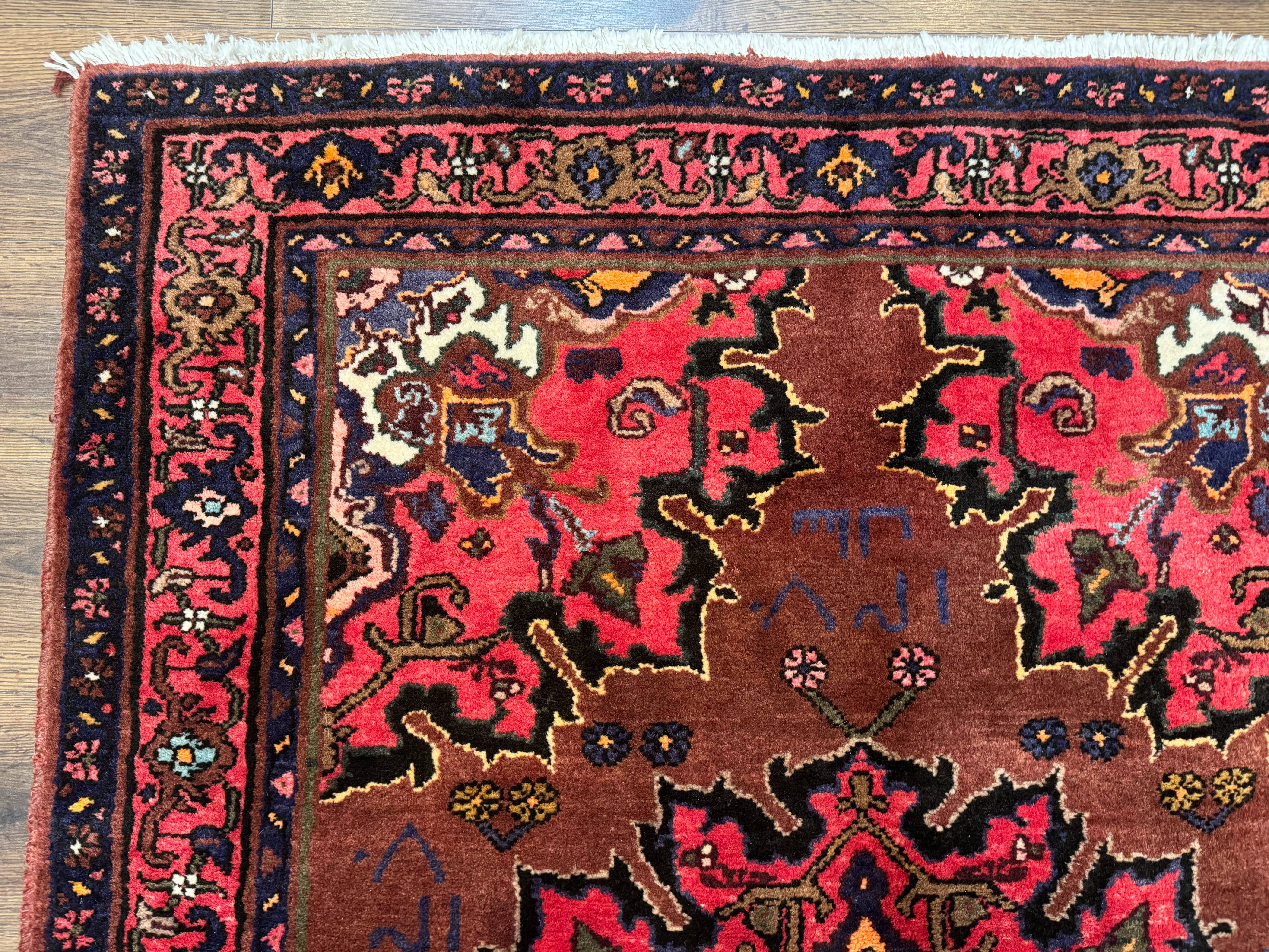 Persian Hamadan Rug 4x7, Red Pink Navy Blue, Vintage, Large Medallion, Village Tribal Carpet - Jewel Rugs