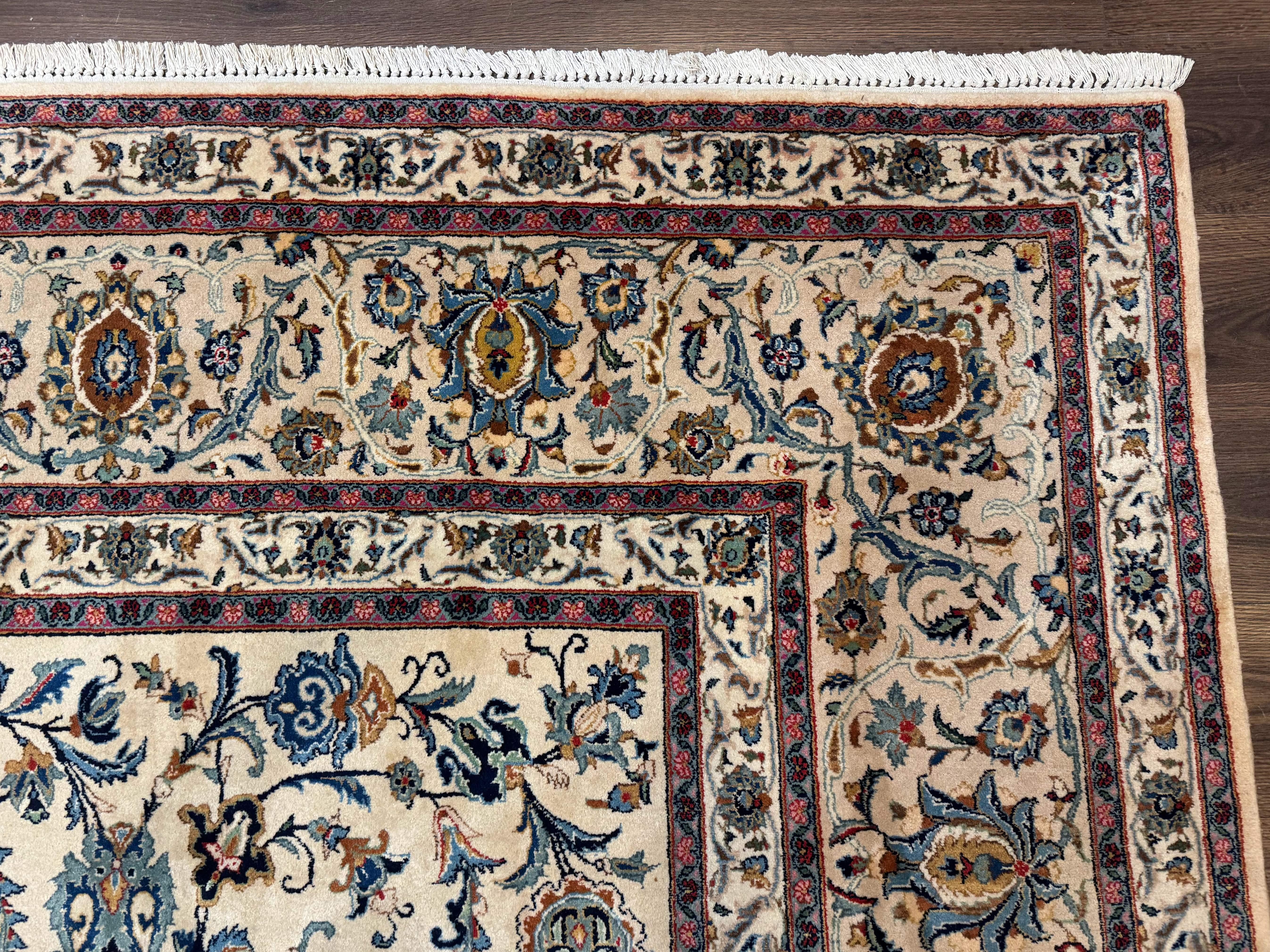 Persian Kashan Rug 10x14, Bone - Beige and Blue, Allover Pattern, Traditional Persian Carpet, Fine 260 KPSI - Jewel Rugs