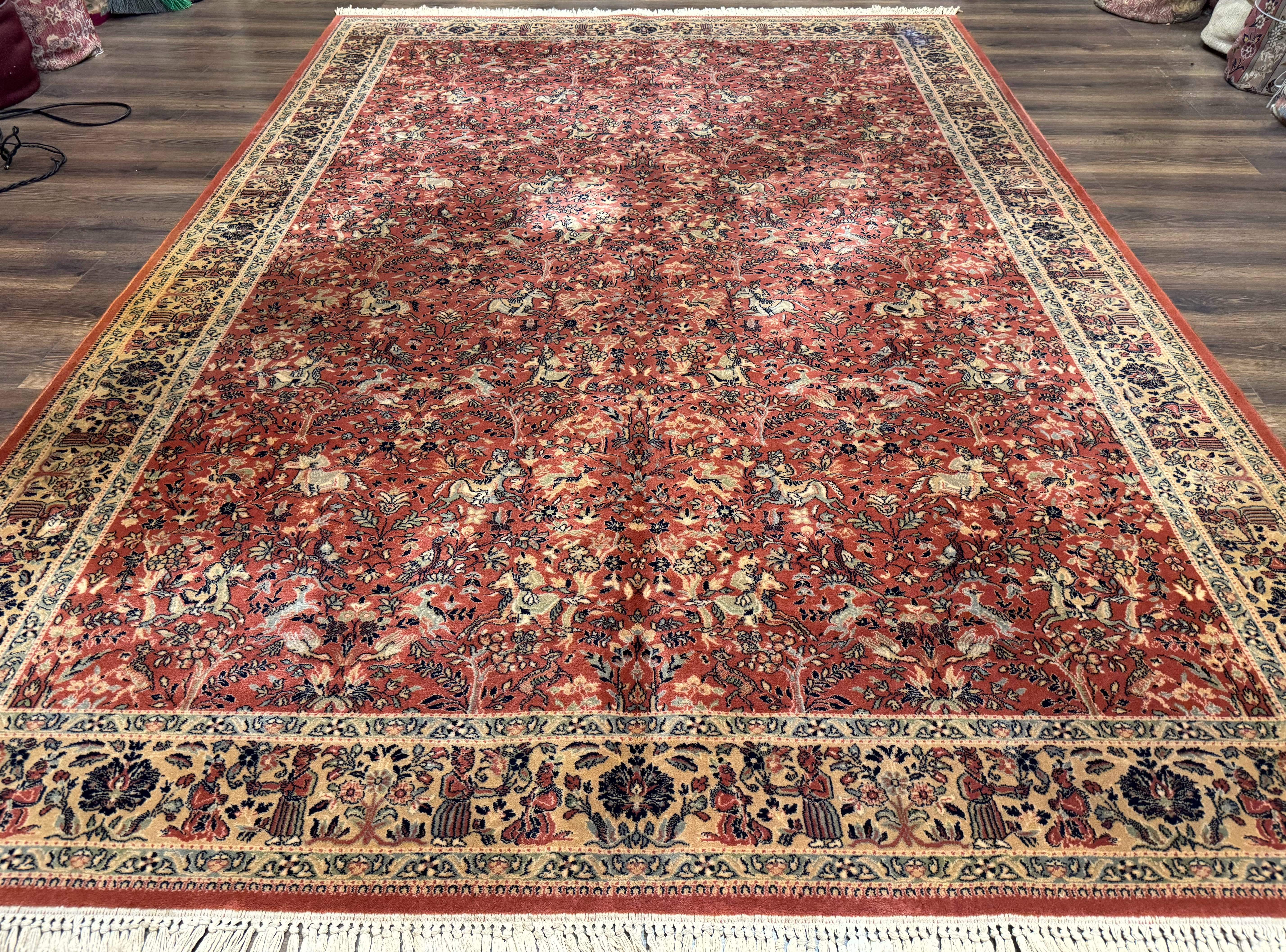 Persian Area Rug 8 x 11.6, Wool, Royal Hunting Scene, Vintage Couristan Rug, Red, Allover Pattern, Belgium Power Loomed - Jewel Rugs