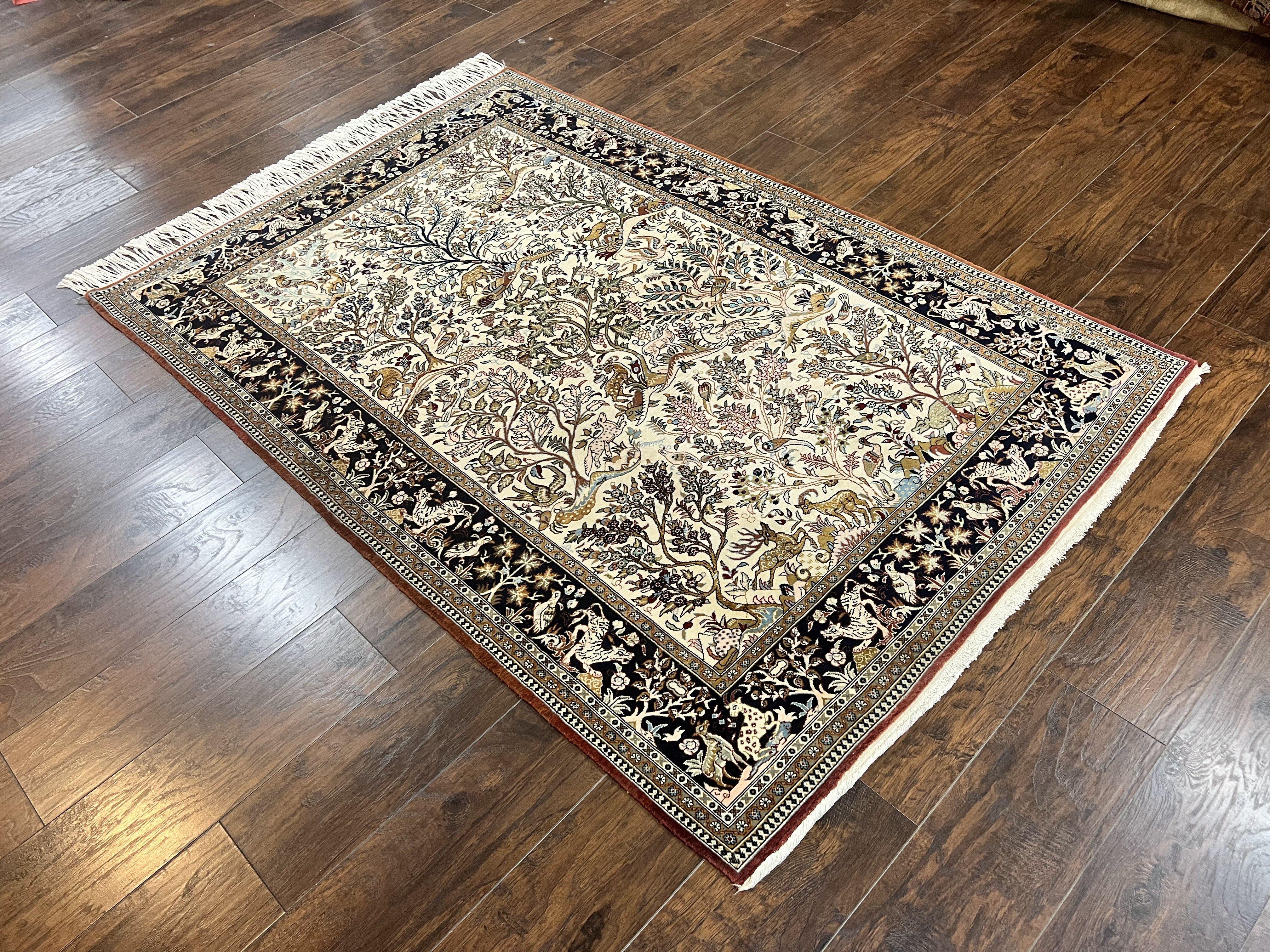Persian Qum Tree of Life Rug 5x7, Wool and Silk Highlights, Animal Motifs, Vintage Hand Knotted Handmade Cream & Black Fine Oriental Carpet - Jewel Rugs