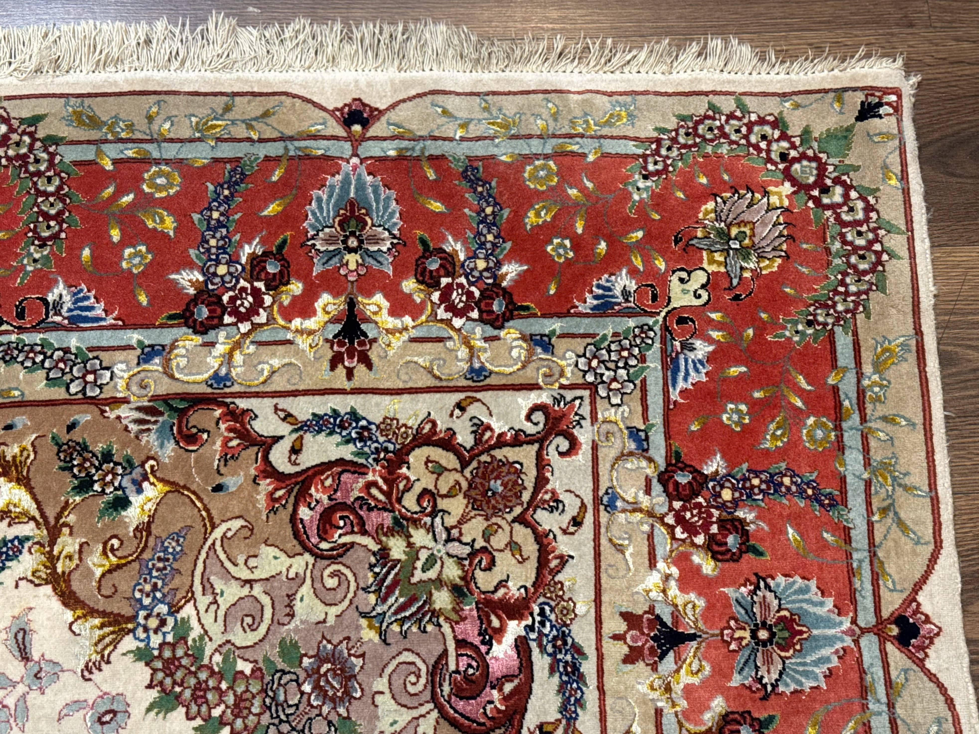 Wonderful Persian Tabriz Rug 5x7, Very Fine 440 KPSI, Ivory and Coral, Rare - Jewel Rugs