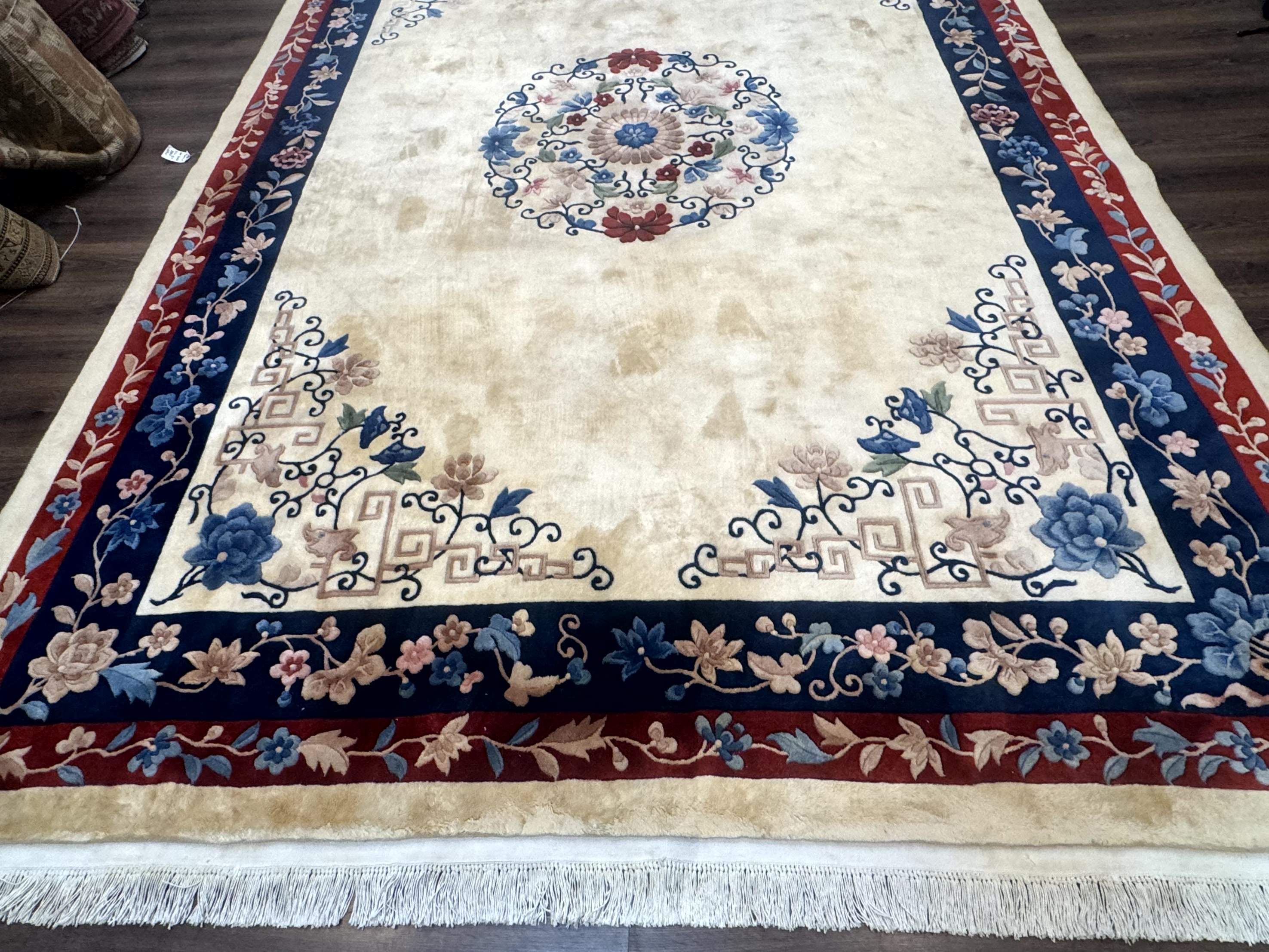 Chinese Rug 10x14 – Cream and Navy, 90 Line Vintage Wool Carpet - Jewel Rugs
