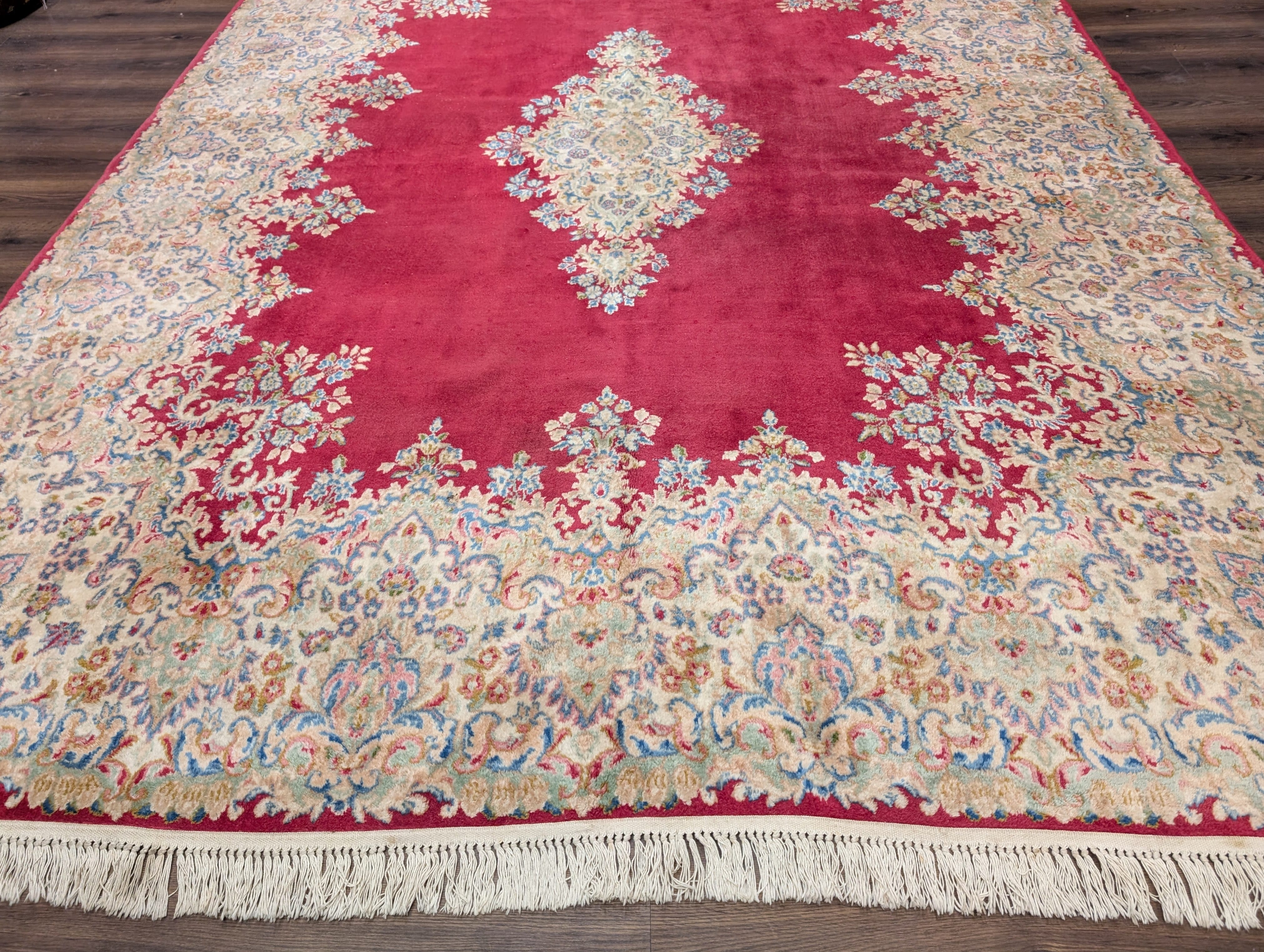 Persian Rug 9x12, Kerman Rug, Semi Open Field, Medallion, Red, Vintage, Wool - Jewel Rugs