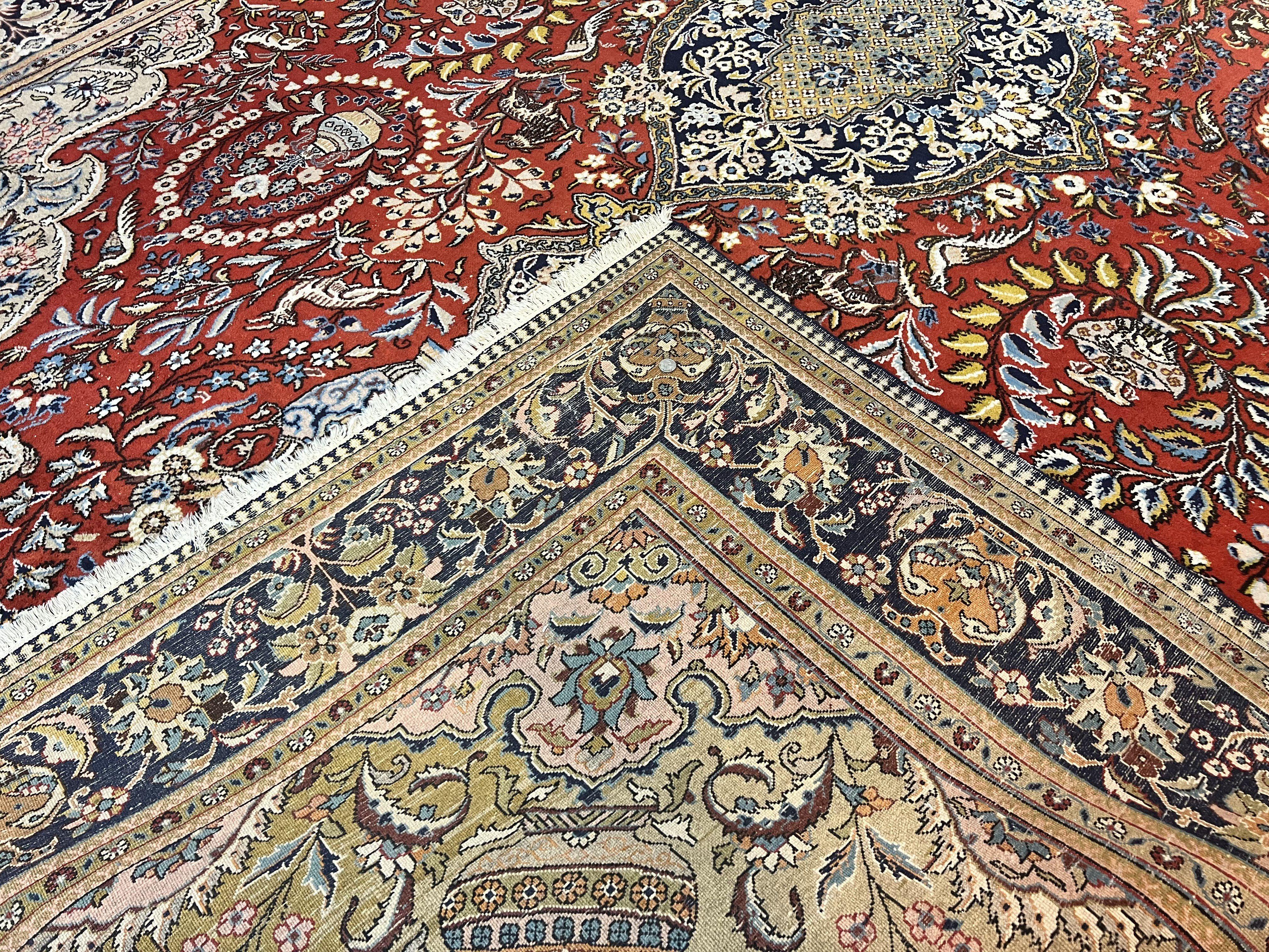 Wonderful Persian Qum Rug 10x14, Wool w/ Silk Highlights, Hand Knotted Semi Antique Vintage Carpet, Red, Floral, Fine Weave, Birds Deer Pictorials - Jewel Rugs