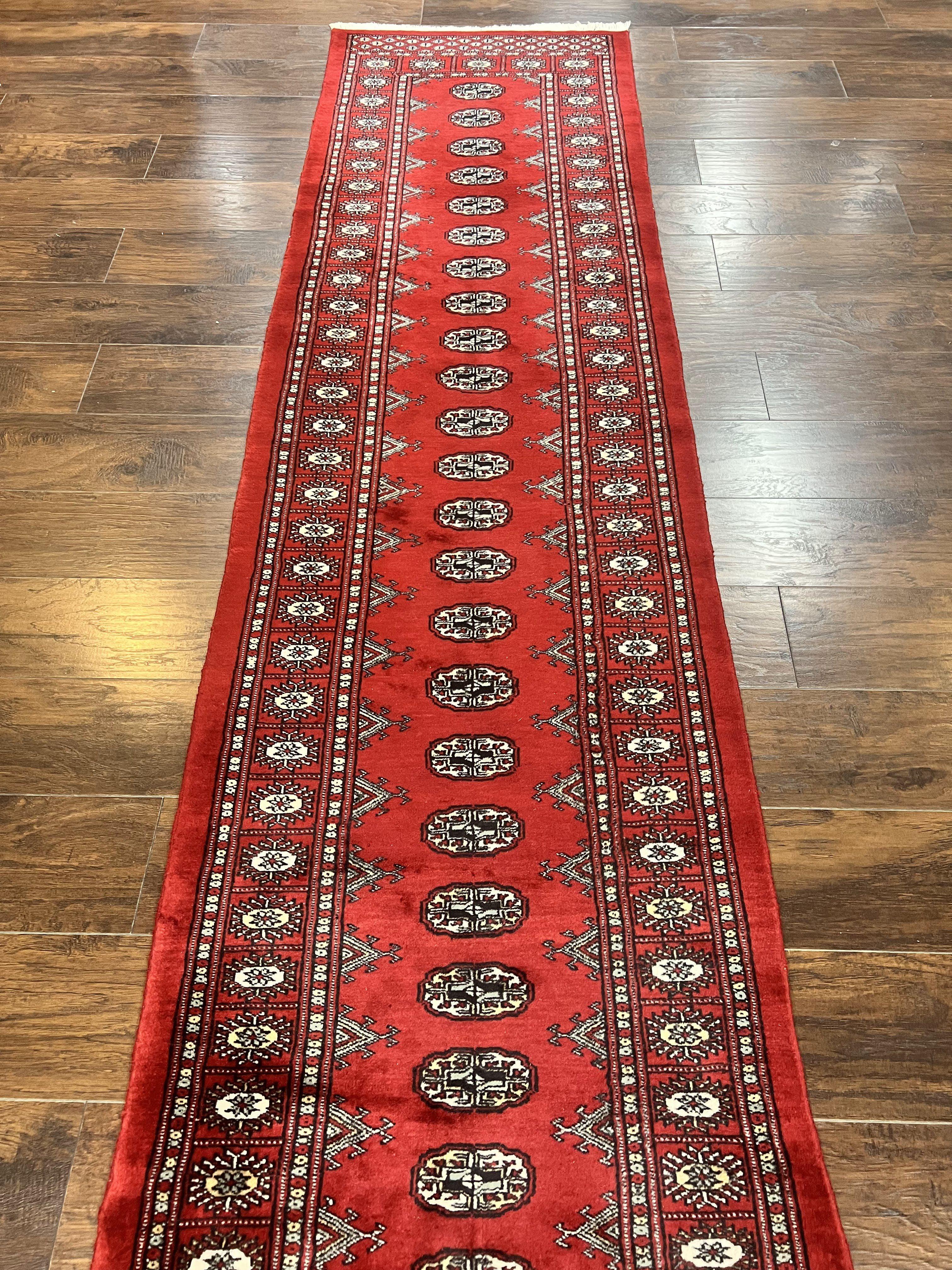 Pakistani Runner Rug 2.8 x 12, Bokhara Turkoman Runner, Wool Hand Knotted Vintage Hallway Rug, Red Ivory & Black - Jewel Rugs