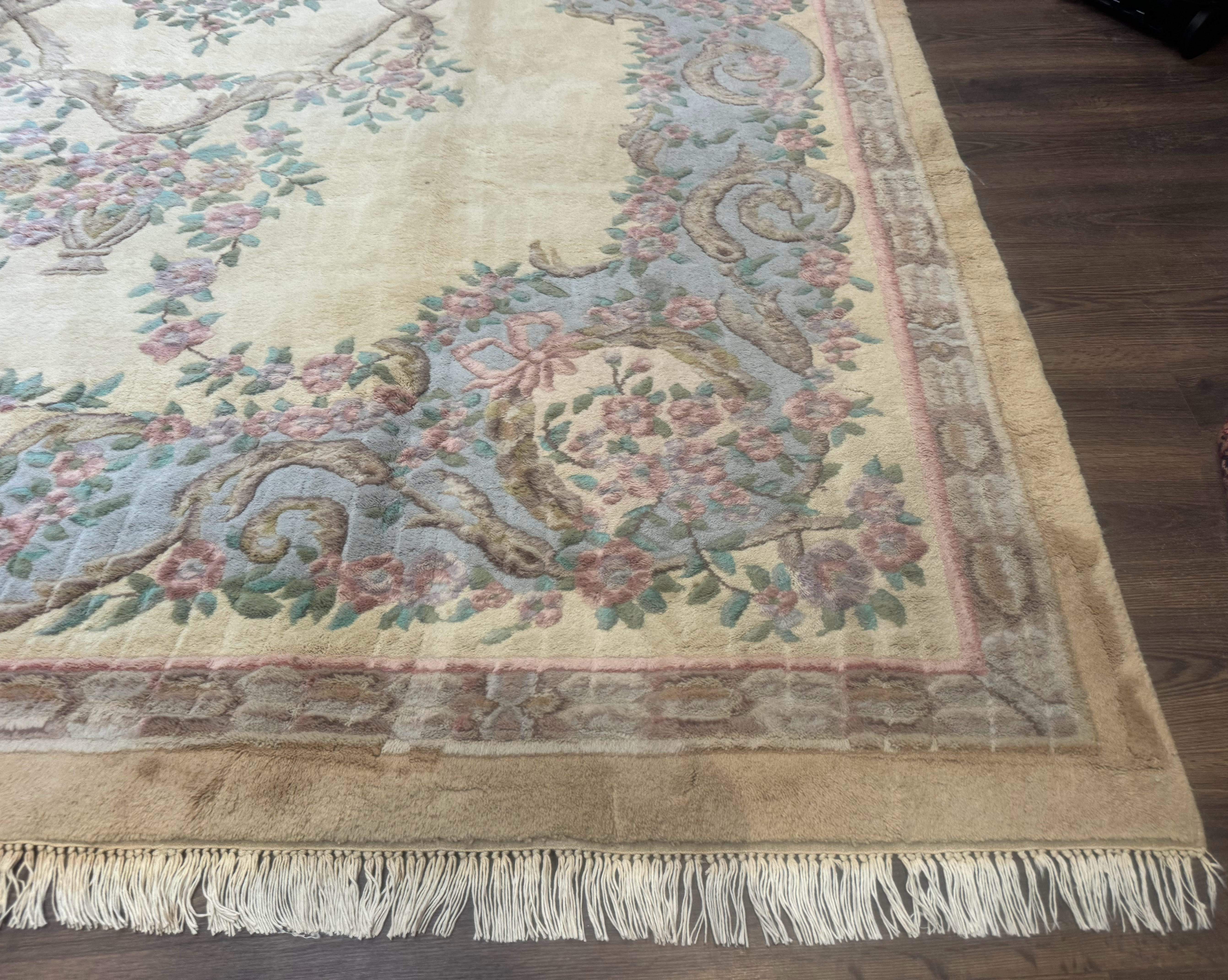 Indo Chinese Aubusson Rug 9x12, Cream and Light Blue, Soft Thick Wool Pile - Jewel Rugs