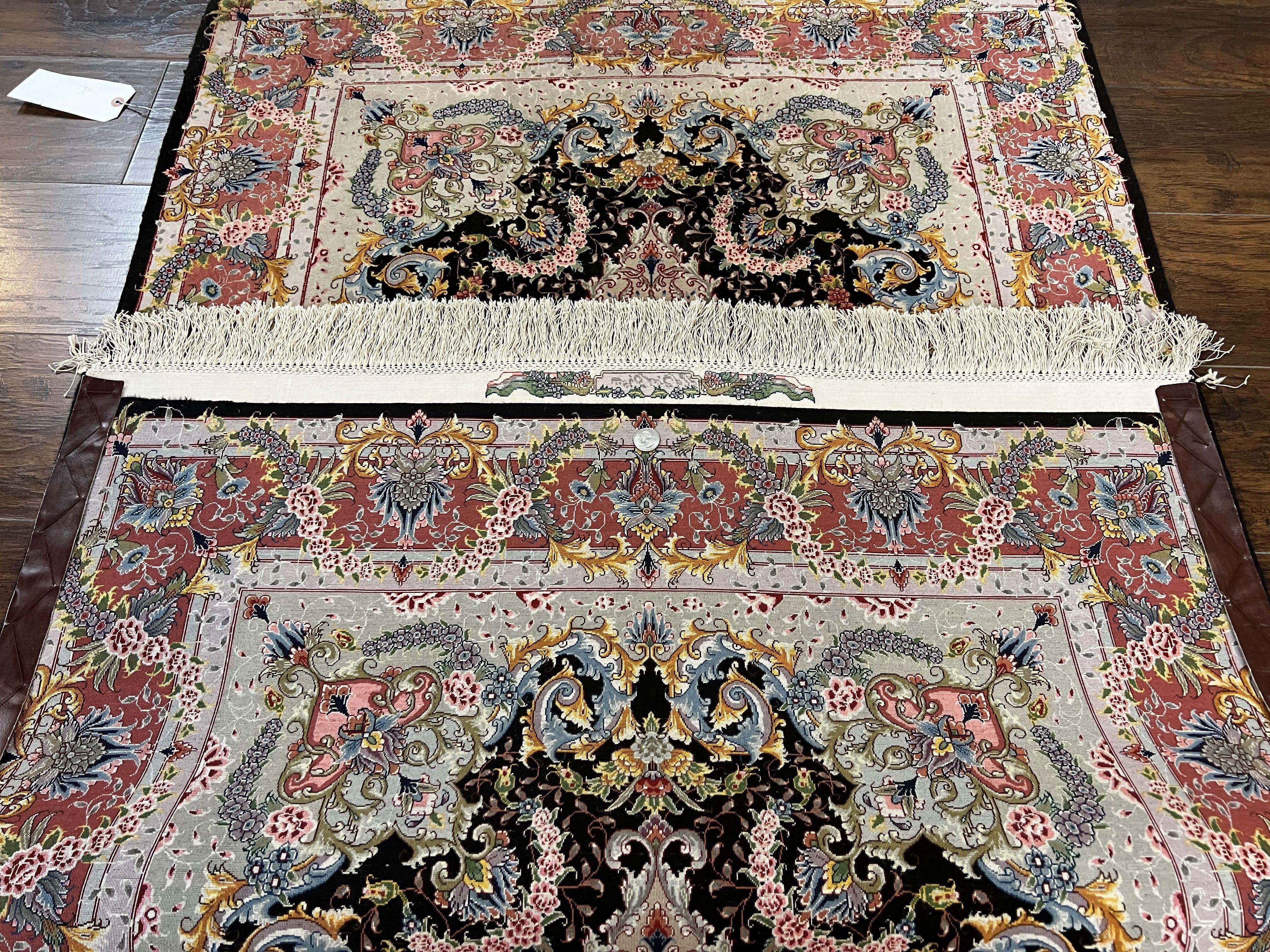 Stunning Persian Tabriz Rug 3.5 x 5, Super Fine, Kork Wool on Silk, Floral Medallion, 70 Raj, 650 KPSI, Signed Master Piece, Hand Knotted, Black - Jewel Rugs