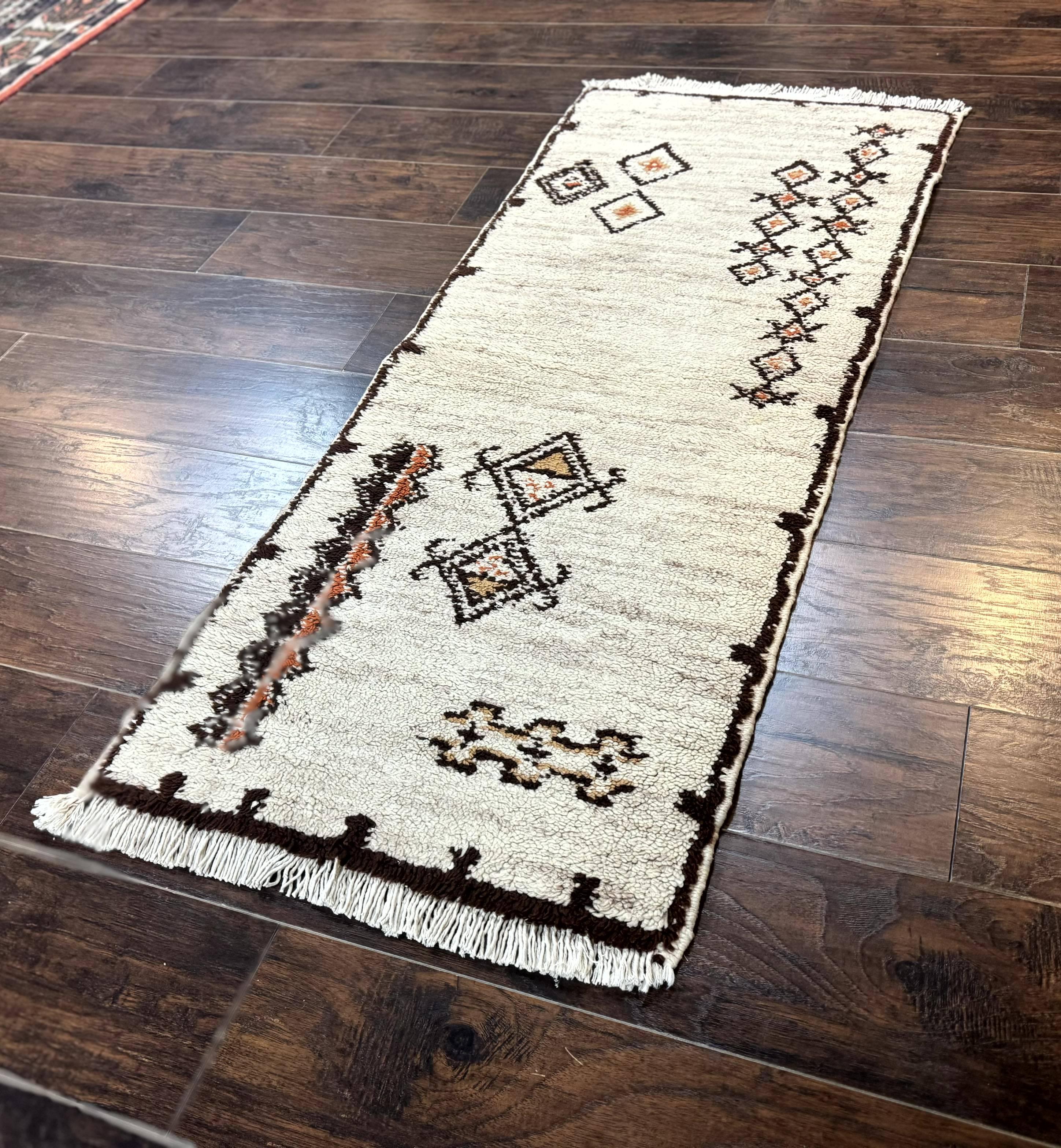 Moroccan Runner Rug 2x5, Short Runner, Geometric Abstract Tribal Design, Wool Carpet, Ivory - Jewel Rugs
