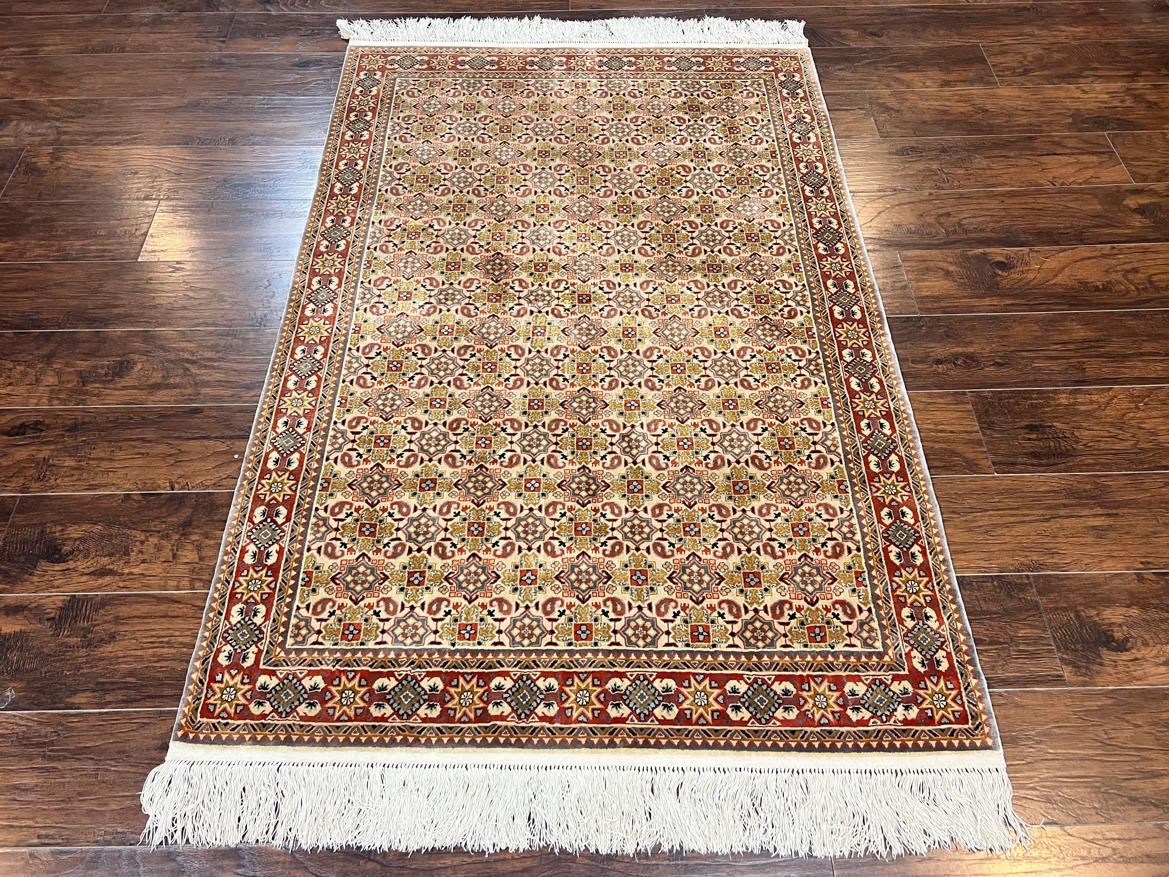 Turkish Kayseri Silk Rug 4x6, Hand Knotted Handmade Vintage Allover Pattern, Fine Silk Oriental Carpet 4 x 6 ft, Traditional Rug, Cream - Jewel Rugs