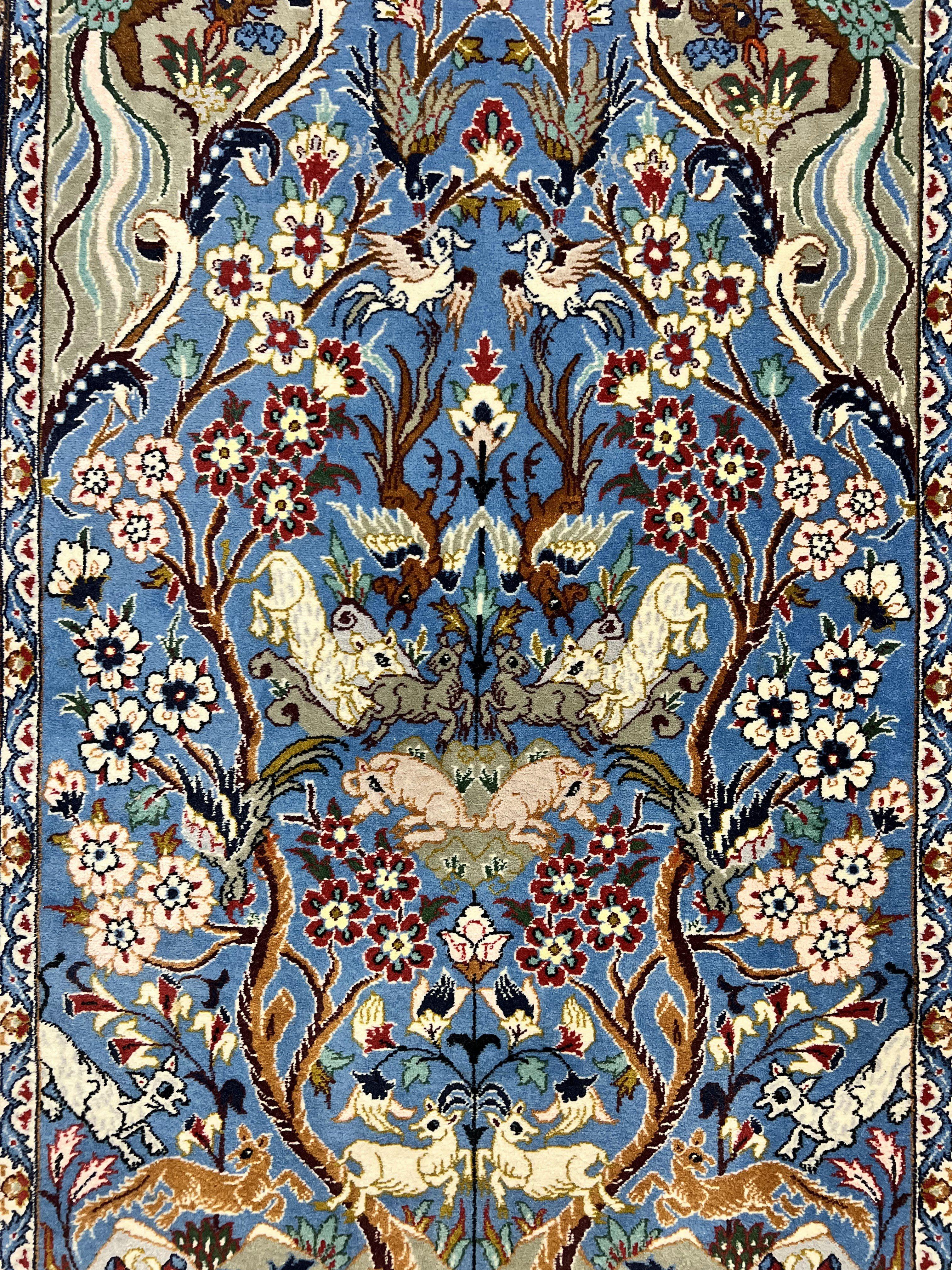 Persian Isfahan Tree of Life Rug 2.5 x 3.8, Animal & Bird Pictorials, Super Fine 500 KSPI, Blue, Handmade, Kork Wool Silk Highlights, Vintage - Jewel Rugs