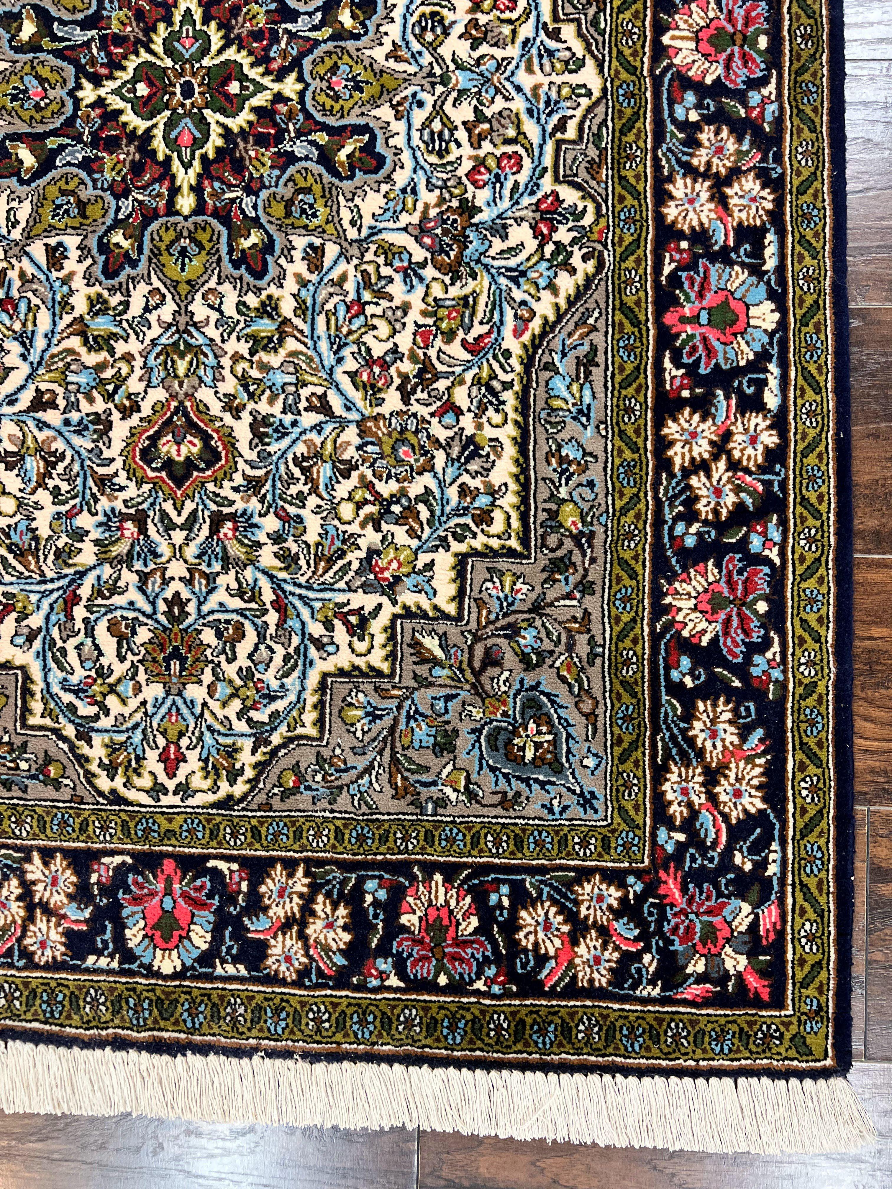 Persian Qum Rug 3x5, Wool with Silk Highlights, Handmade Semi Antique Carpet, Ivory & Navy Blue, Floral Medallion, Finely Hand Knotted - Jewel Rugs