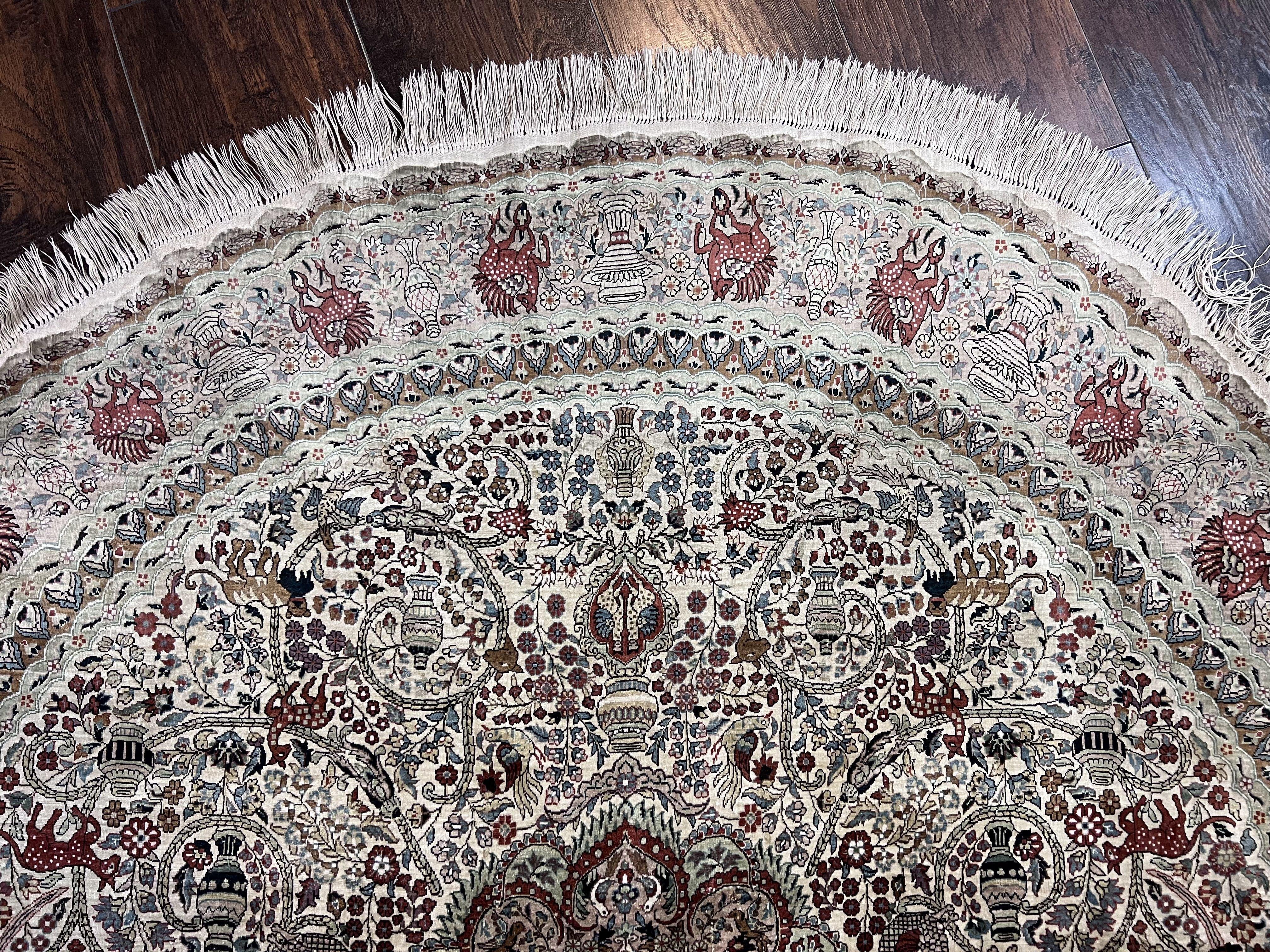 Silk Round Sino Persian Rug 5x5, Super Fine 650 KPSI, All Silk Vintage Handmade Round Carpet, Animal Pictorials, Floral Medallion Cream, Wow - Jewel Rugs