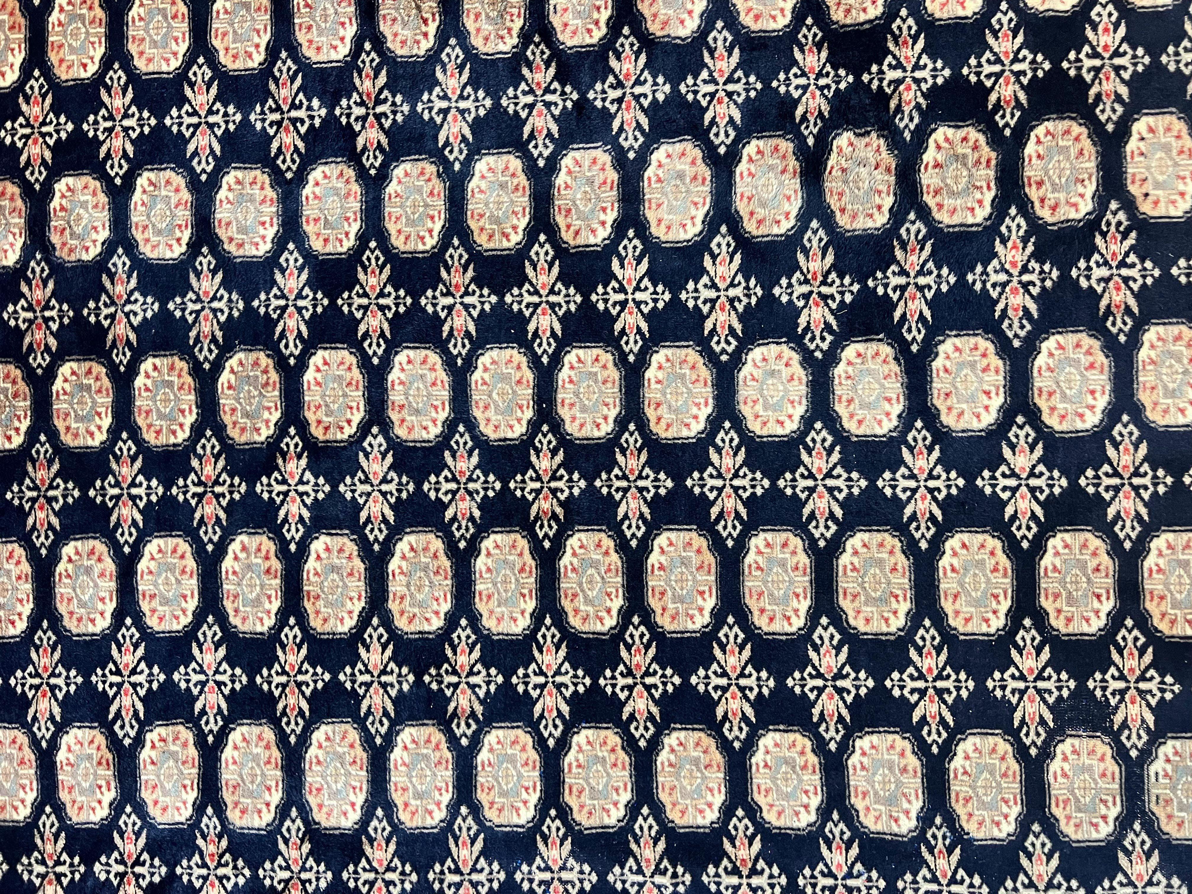 Pakistani Bokhara Rug 8x10, Turkoman Carpet, Dark Blue and Beige, Vintage Handmade Wool Carpet - Jewel Rugs