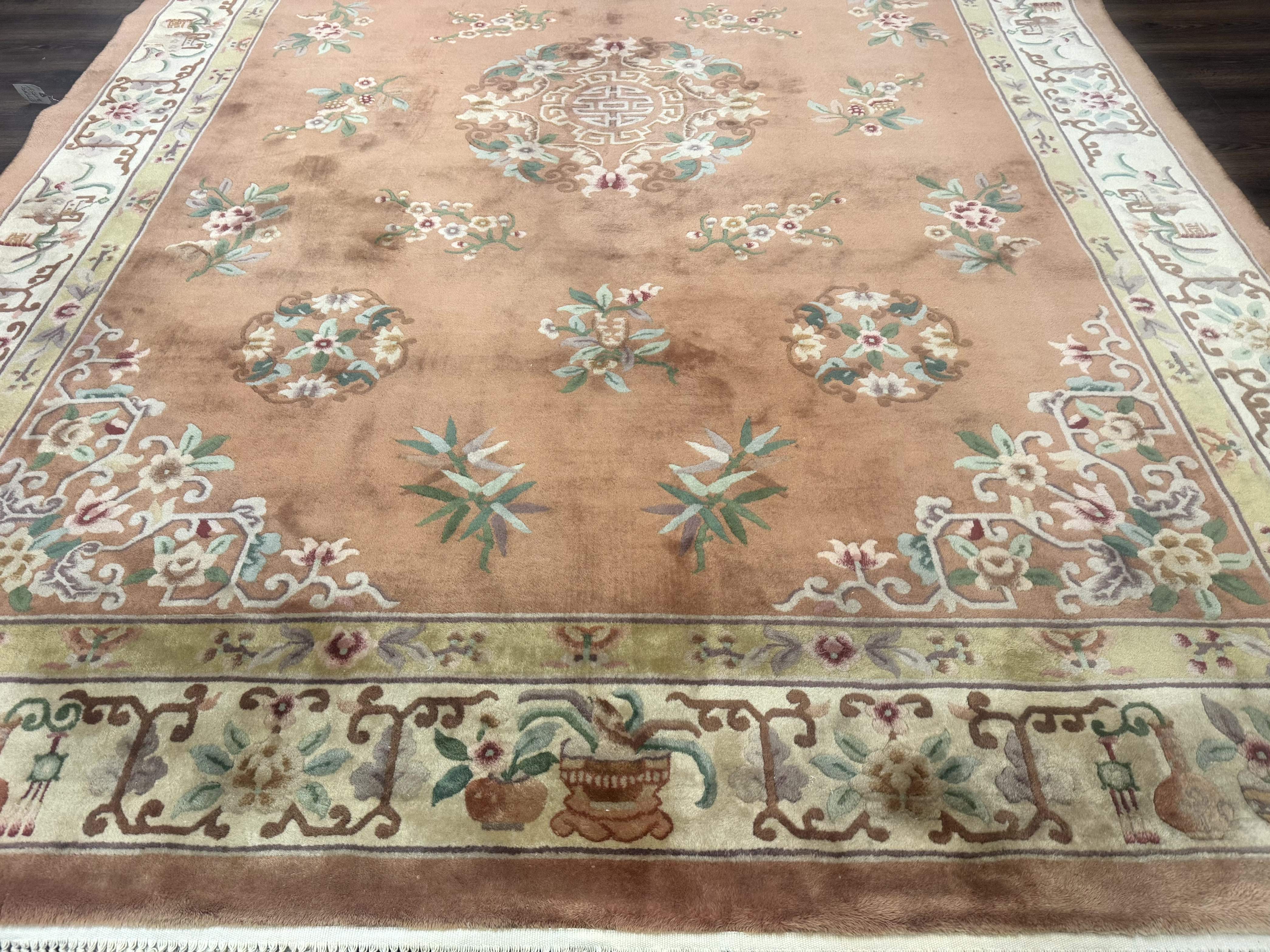Chinese Wool Rug 9x12 – Apricot-Peach, Hand-Knotted Wool Vintage 90 Line Carpet - Jewel Rugs