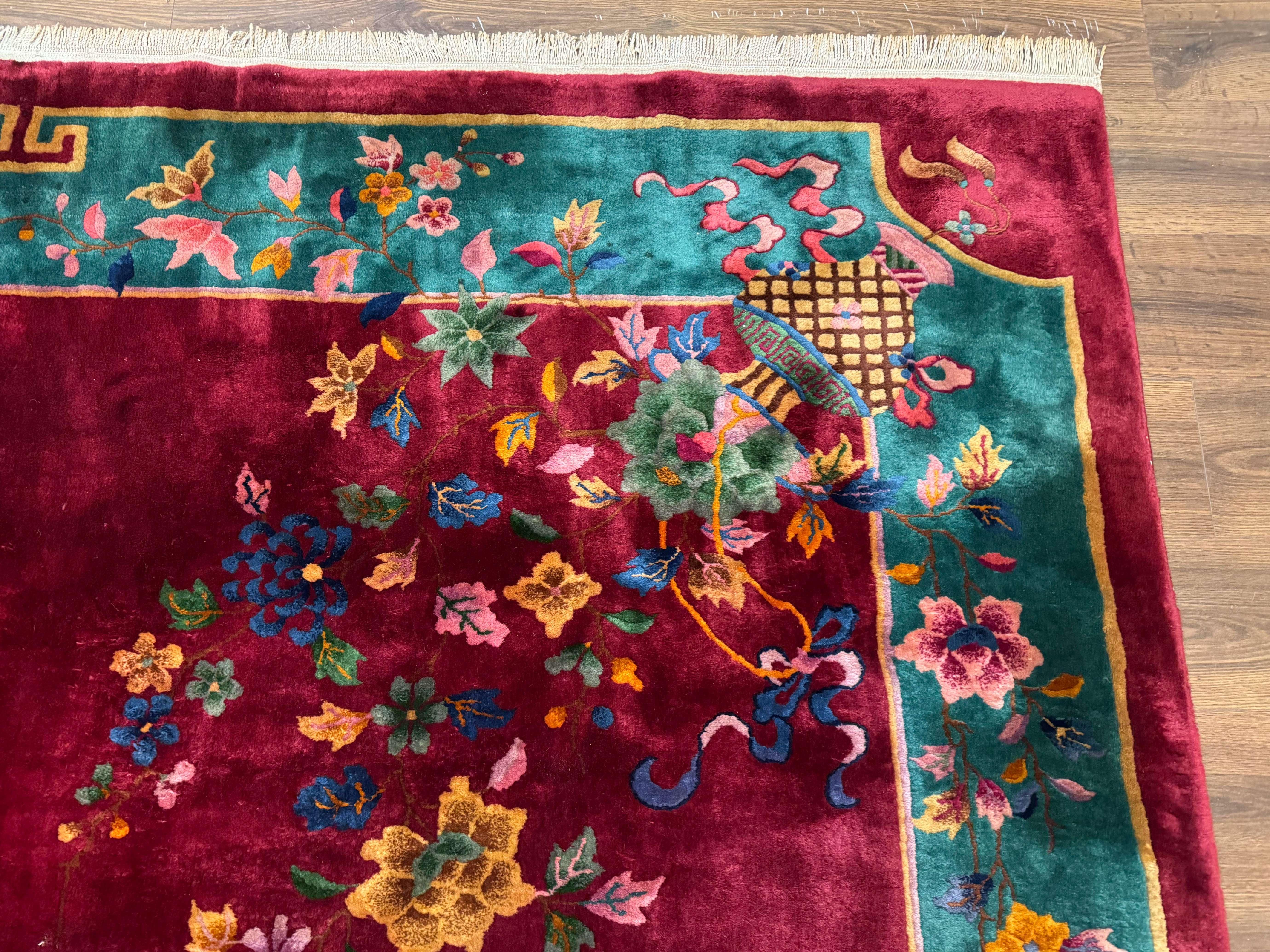 Antique Chinese Art Deco Rug 9x11, Rare, Nichols Rug, Cherry Red and Green, Chinese Wool Carpet - Jewel Rugs