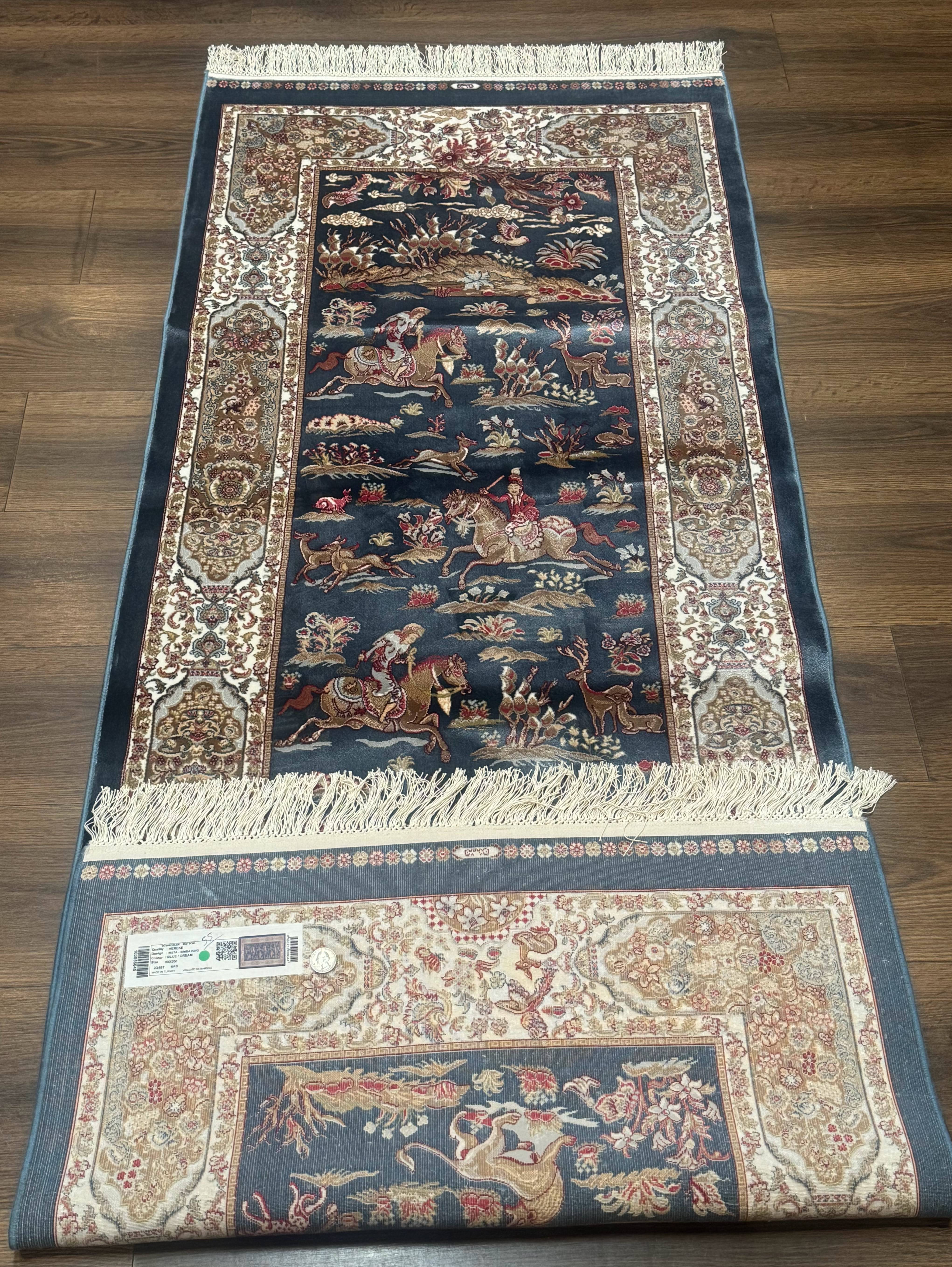 Turkish Runner Rug 2.6 x 8, Hunting Design, Blue & Ivory, Bamboo Silk, New - Jewel Rugs