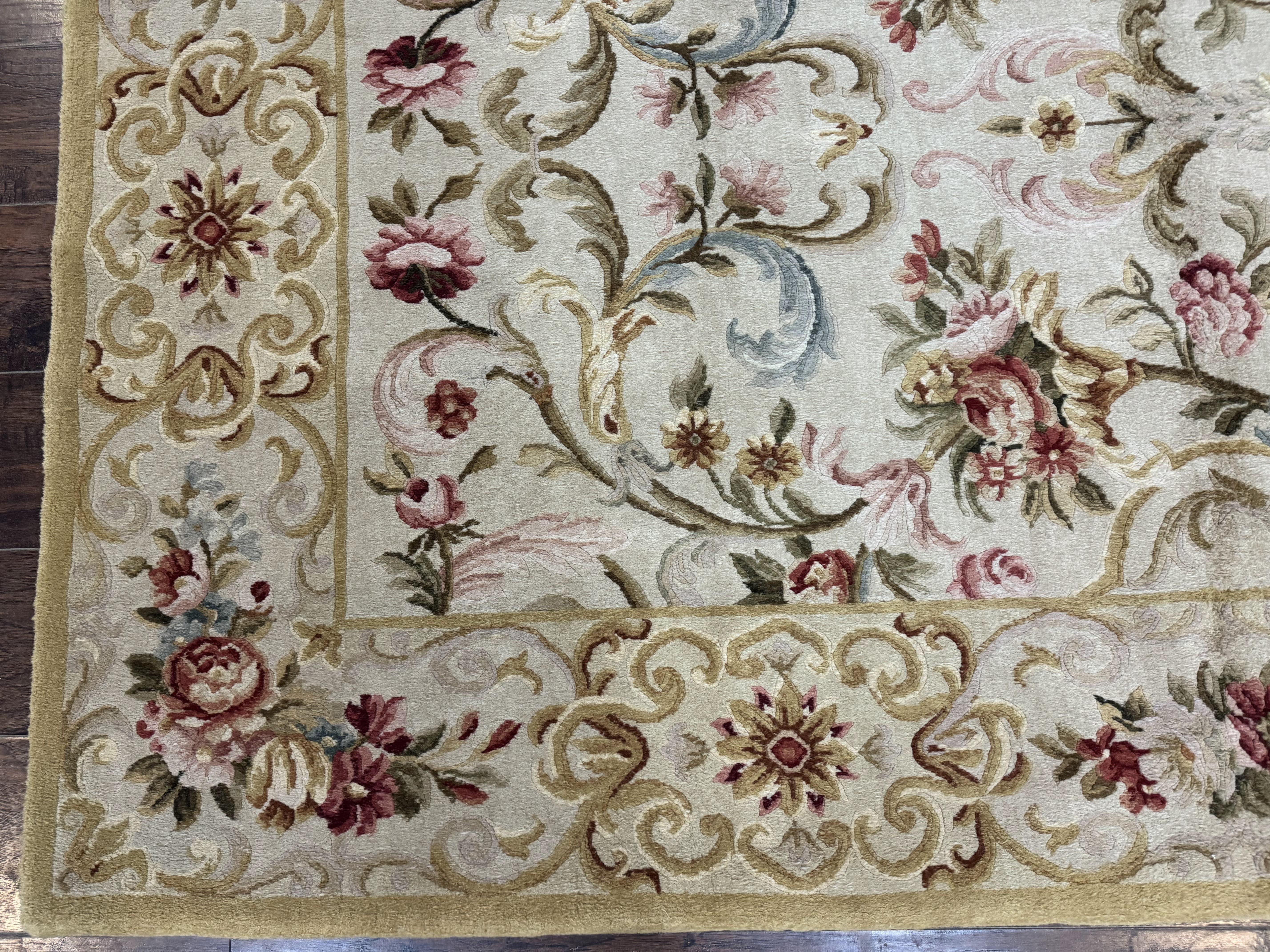Aubusson Rug 8x10, French European Design, Vintage Handmade Wool Carpet, Aubusson Rug with Pile, Floral - Jewel Rugs