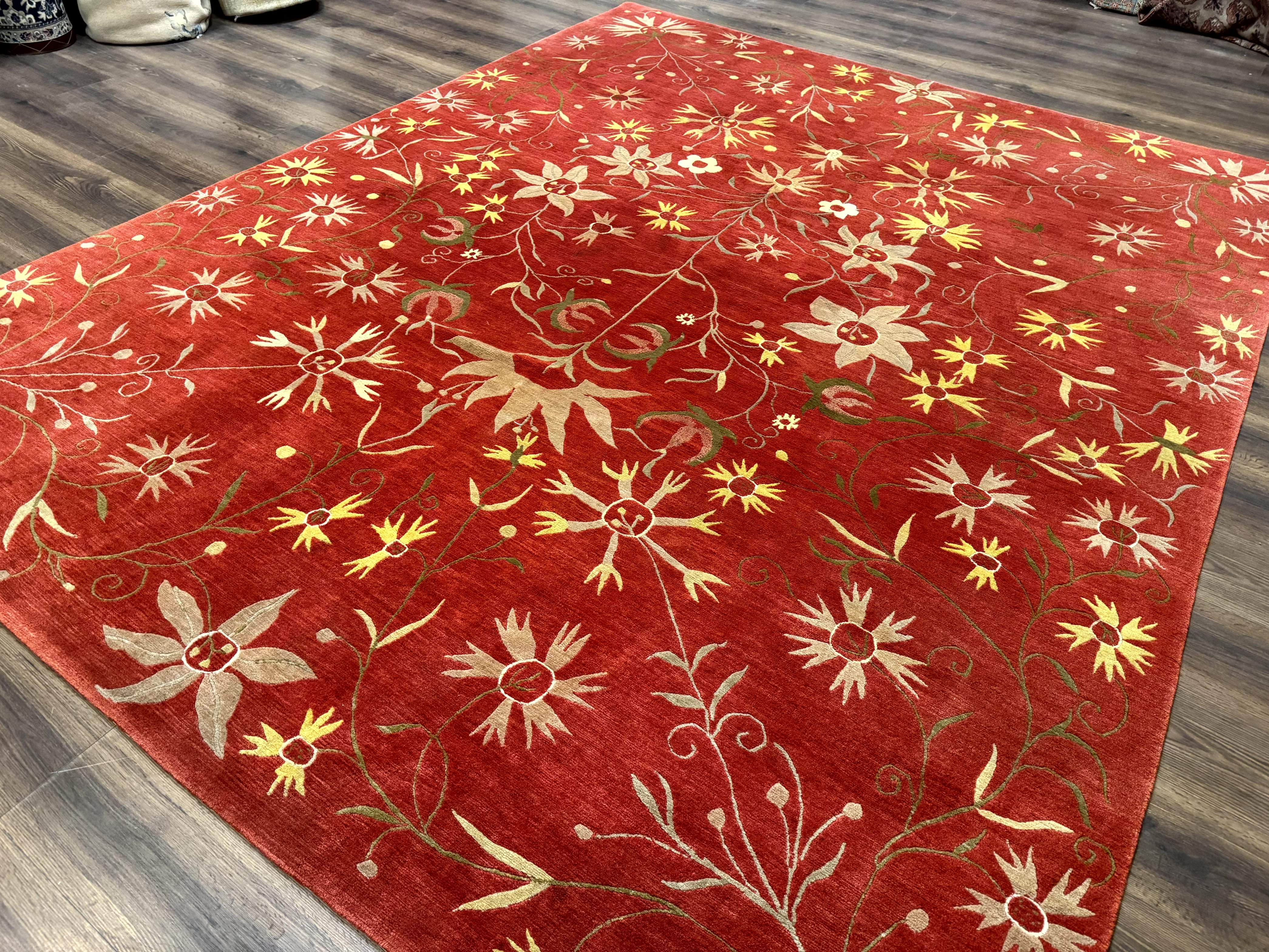 Tibetan Rug 8x10, Odegard Carpet, Hand-Knotted, Rust Red, Wool with Silk Highlights - Jewel Rugs